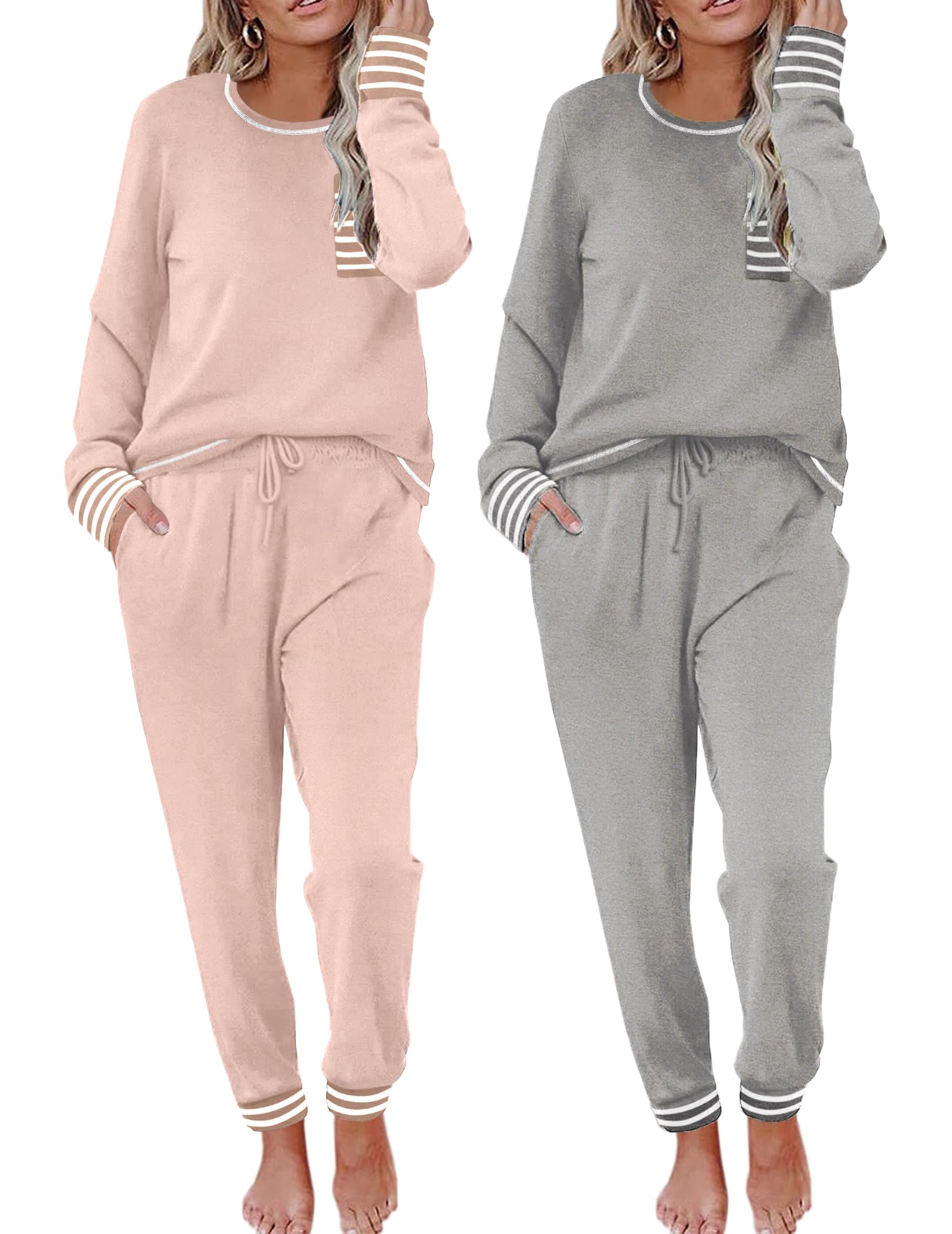 Ekouaer 2 Pack Womens Pajama Sets Long Sleeve Lounge Sets Soft Pj Sleepwear Loungewear