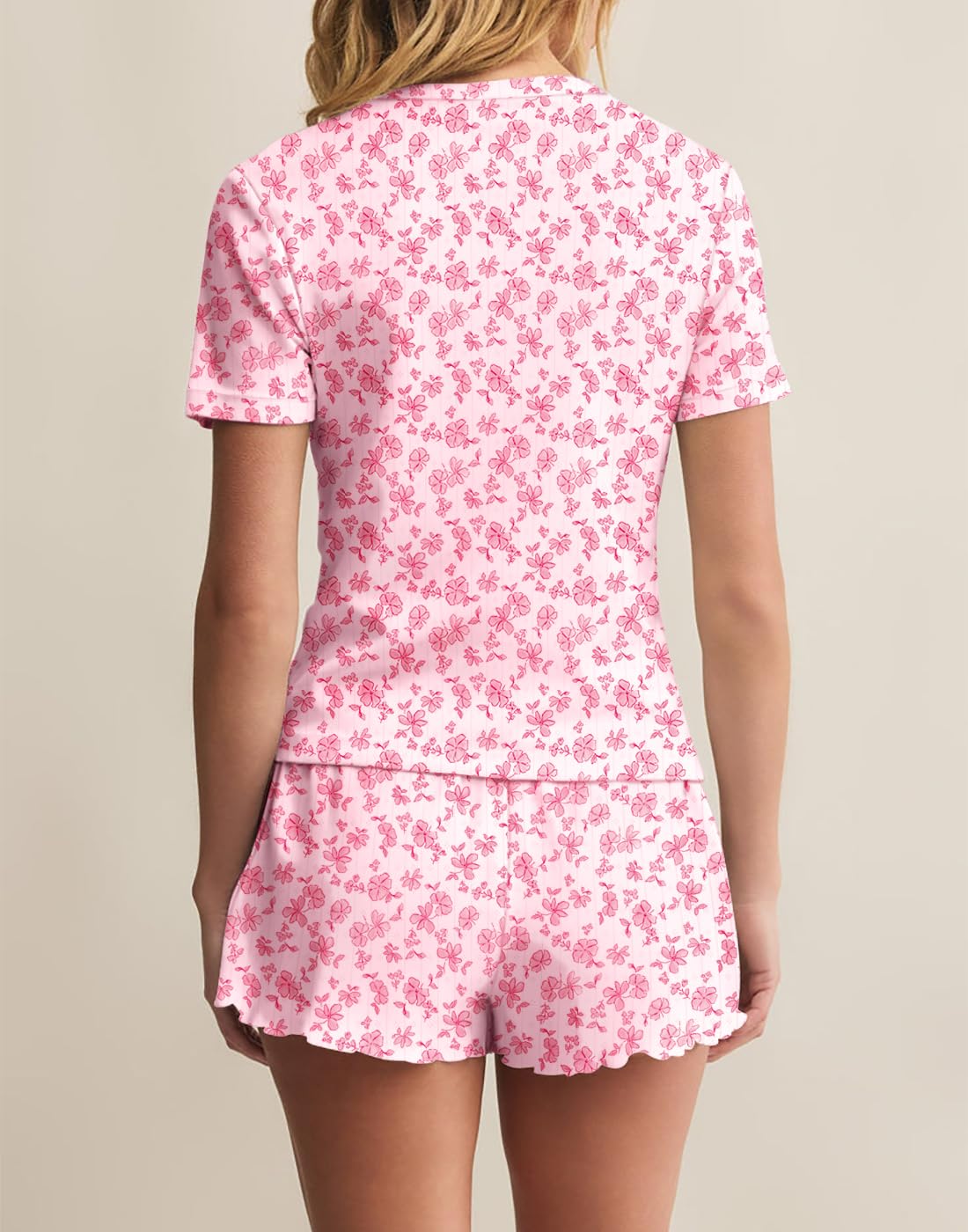 Lacozy Cute Pajama Sets for Women 2 Piece Short Sleeve Floral Print Button Shirt and Short Pj Sets Woman Y2K Sleepwear
