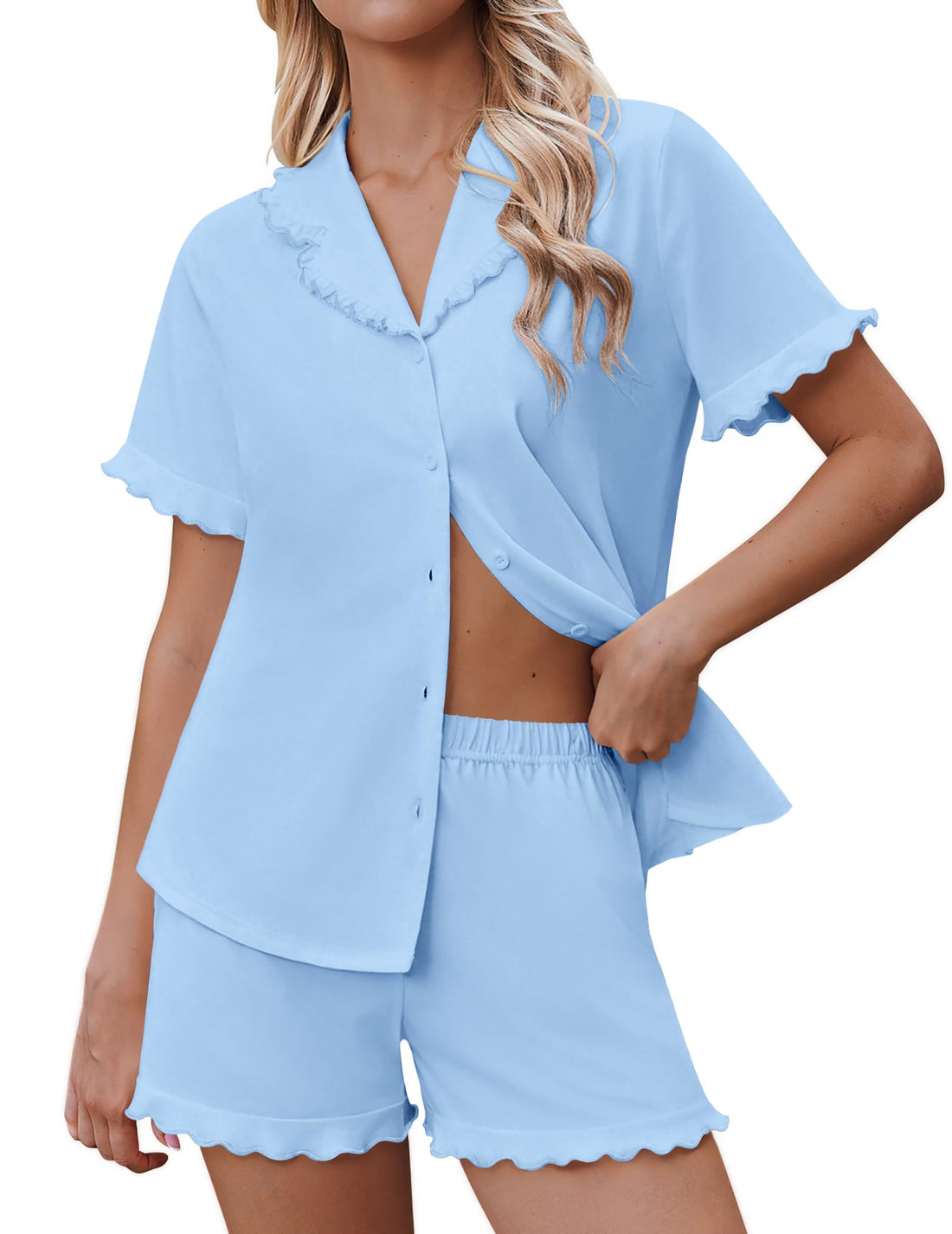 Ekouaer Pajamas for Women Sets Cute Pjs Button Down 2 Piece Short Sleeve Ruffle Lounge Set Sleepwear WEBE CLOTHING