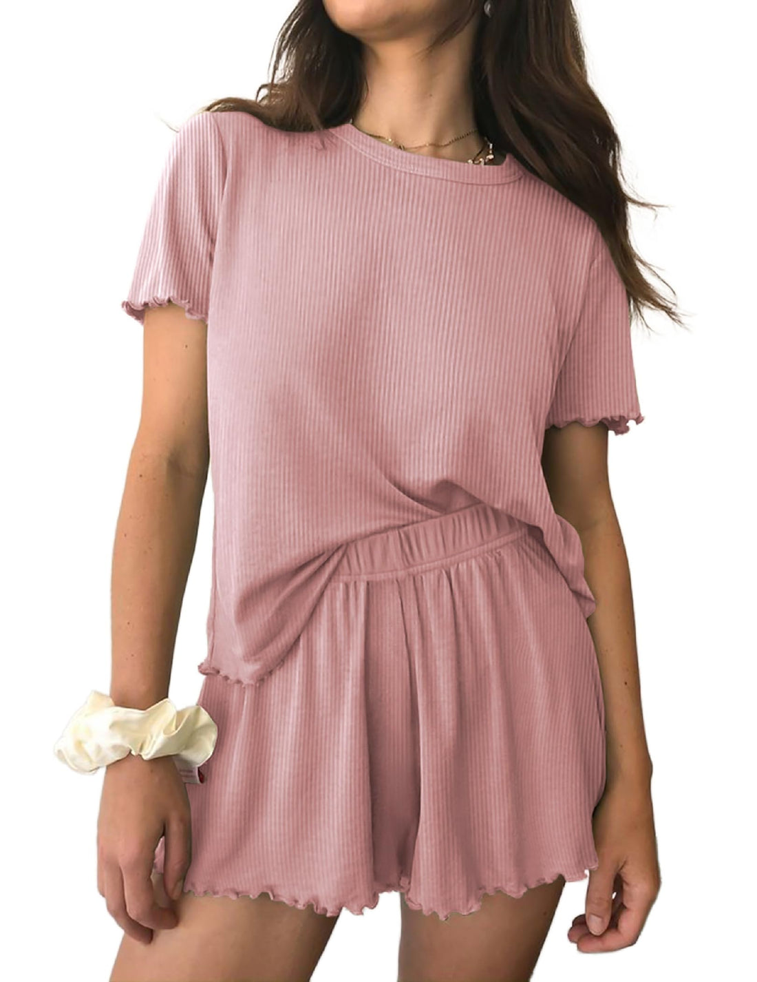 Ekouaer Womens Pajamas 2 Piece Ribbed Knit Pjs Short Sleeve Sleepwear Set Summer Soft Pajamas Set Casual Lounge Sets