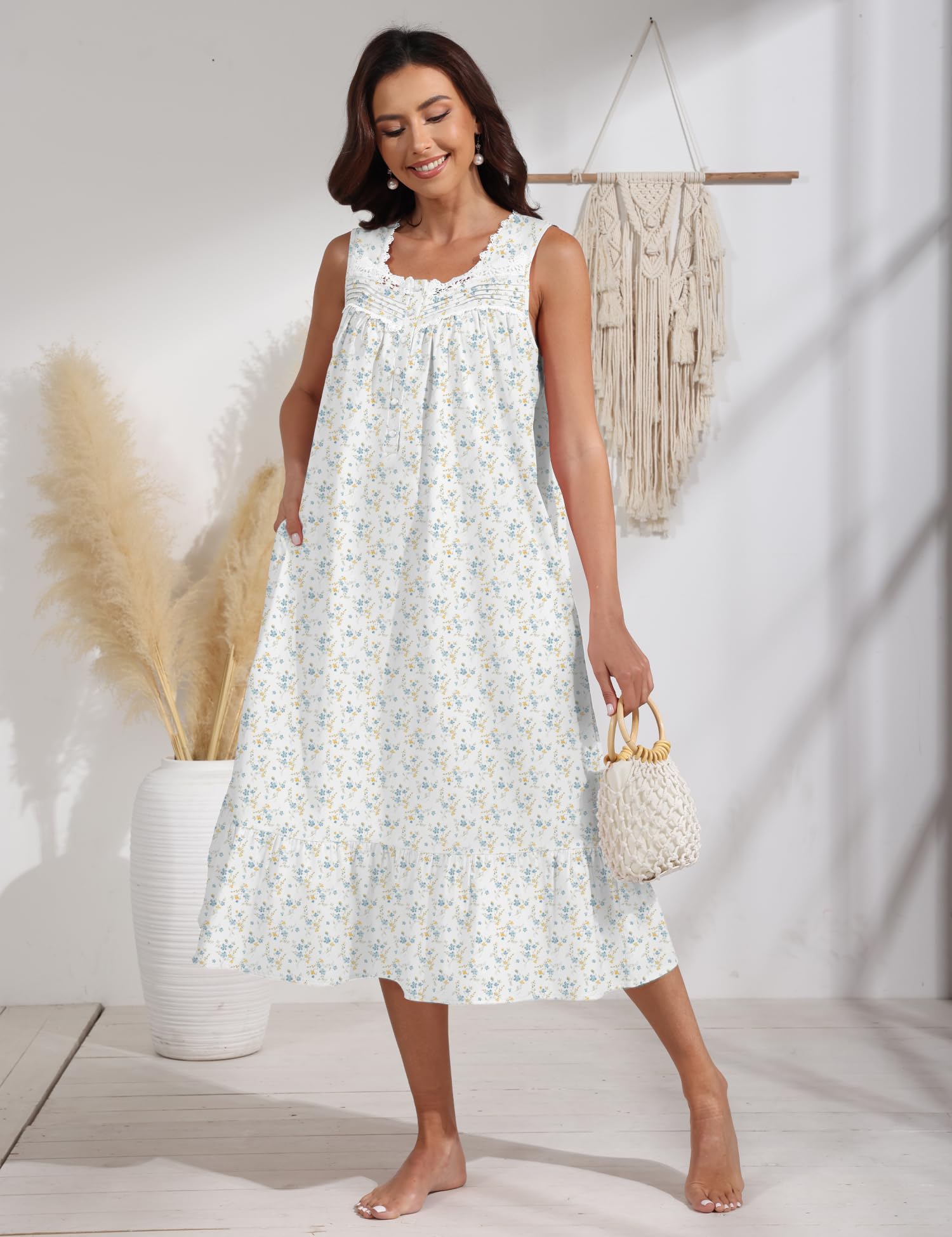 100% Cotton Floral Pearl Snap Nightgown for Women Sleeveless Victorian Sleep Dress Cotton Nightgowns with Pockets WEBE CLOTHING