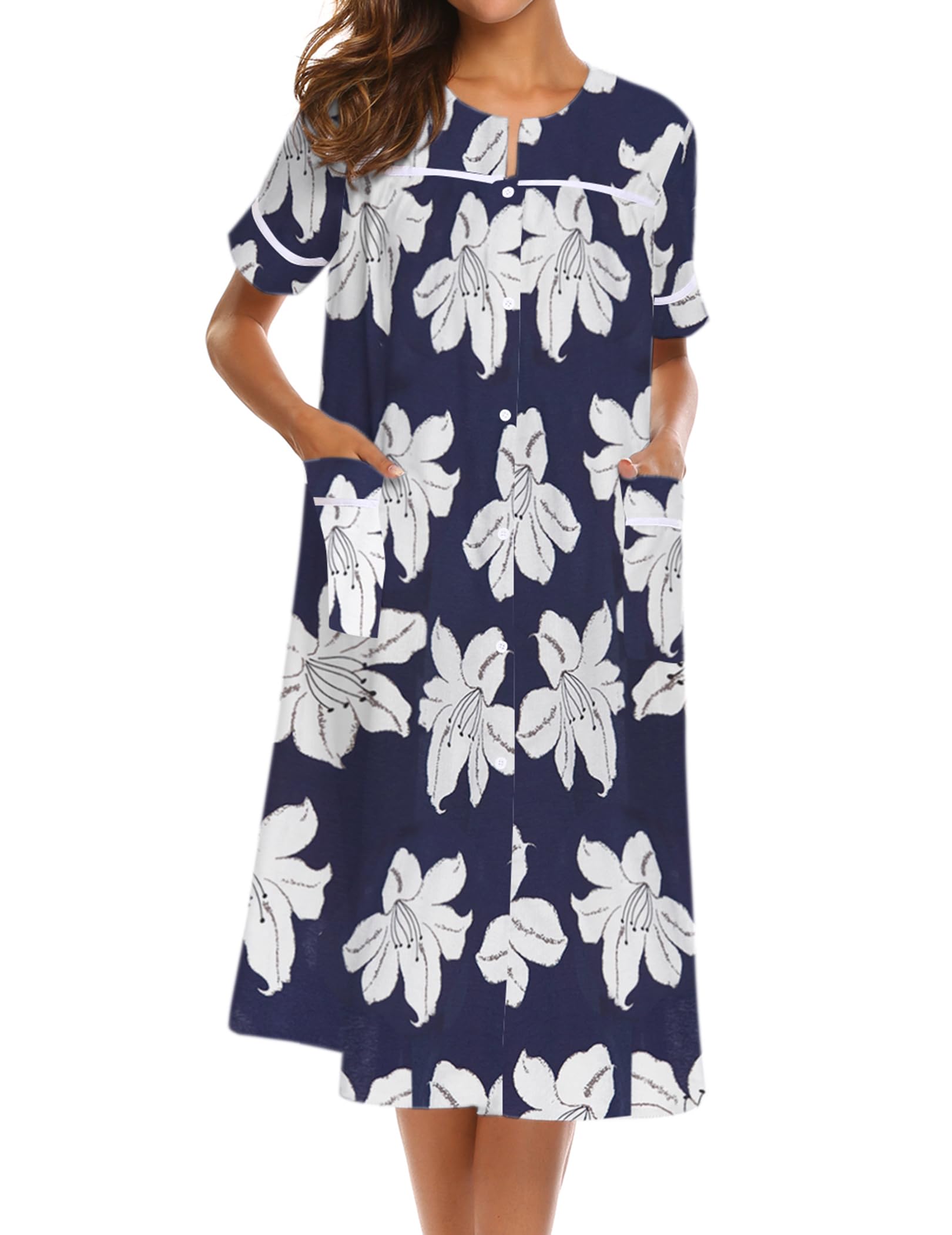 Ekouaer House Dress for Women with Pockets Duster Button Down Nightgown | Nightgowns for Women, Button Dwon House Dress with Pockets, Short Sleeve Duster Housecoat, Moo Moos for Elderly, Mumu Dress WEBE CLOTHING