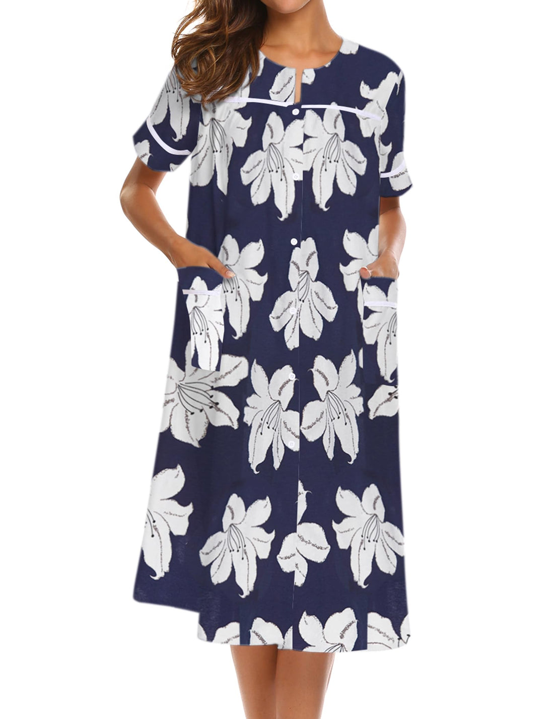 Ekouaer House Dress for Women with Pockets Duster Button Down Nightgown | Nightgowns for Women, Button Dwon House Dress with Pockets, Short Sleeve Duster Housecoat, Moo Moos for Elderly, Mumu Dress WEBE CLOTHING