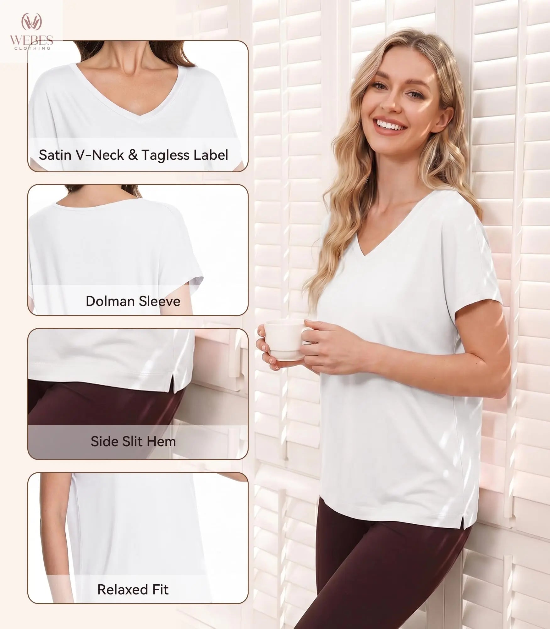 WiWi Bamboo Viscose Shirts for Women, Super Soft Short Sleeve Sleep Pajama Tops, Cooling Satin V Neck Summer Lounge Wear