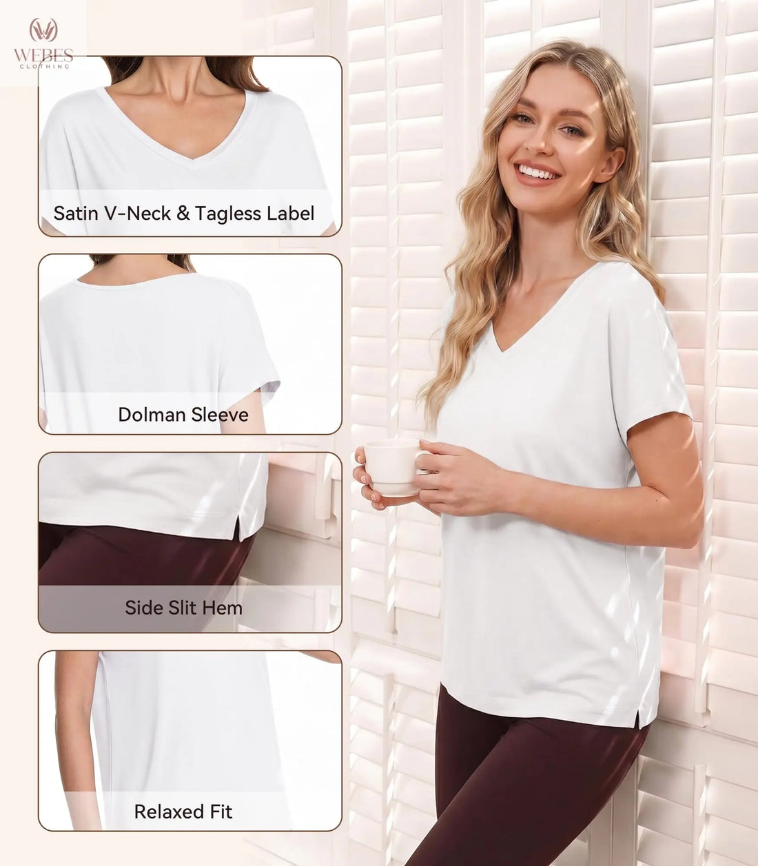 WiWi Bamboo Viscose Shirts for Women, Super Soft Short Sleeve Sleep Pajama Tops, Cooling Satin V Neck Summer Lounge Wear