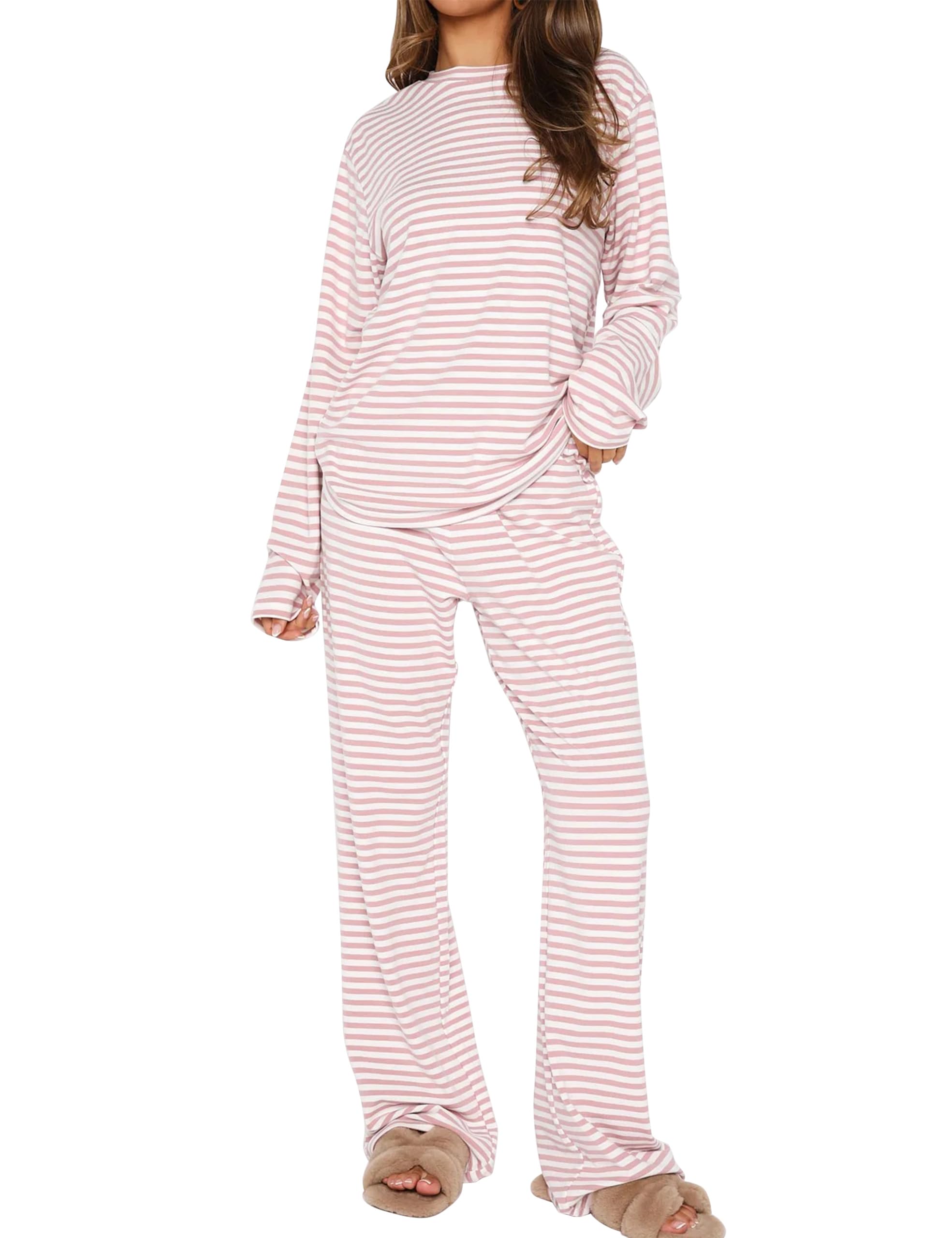 MISSACTIVER Women's Striped 2 Piece Lounge Set Casual Long Sleeve T-Shirt Drawstring Wide Leg Pants Matching Pajamas Set