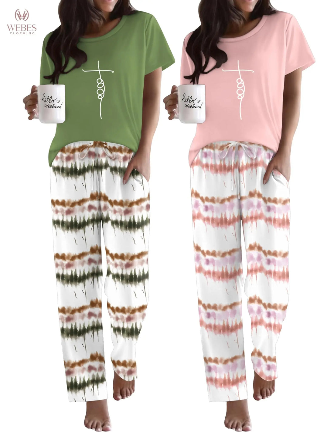 Ekouaer 2 Pack Pajamas for Women Set Short Sleeve Pj Top and Printed Pants | Soft PJs Cozy Printed Lounge Sets Comfy Sleepwear with Pockets WEBE CLOTHING