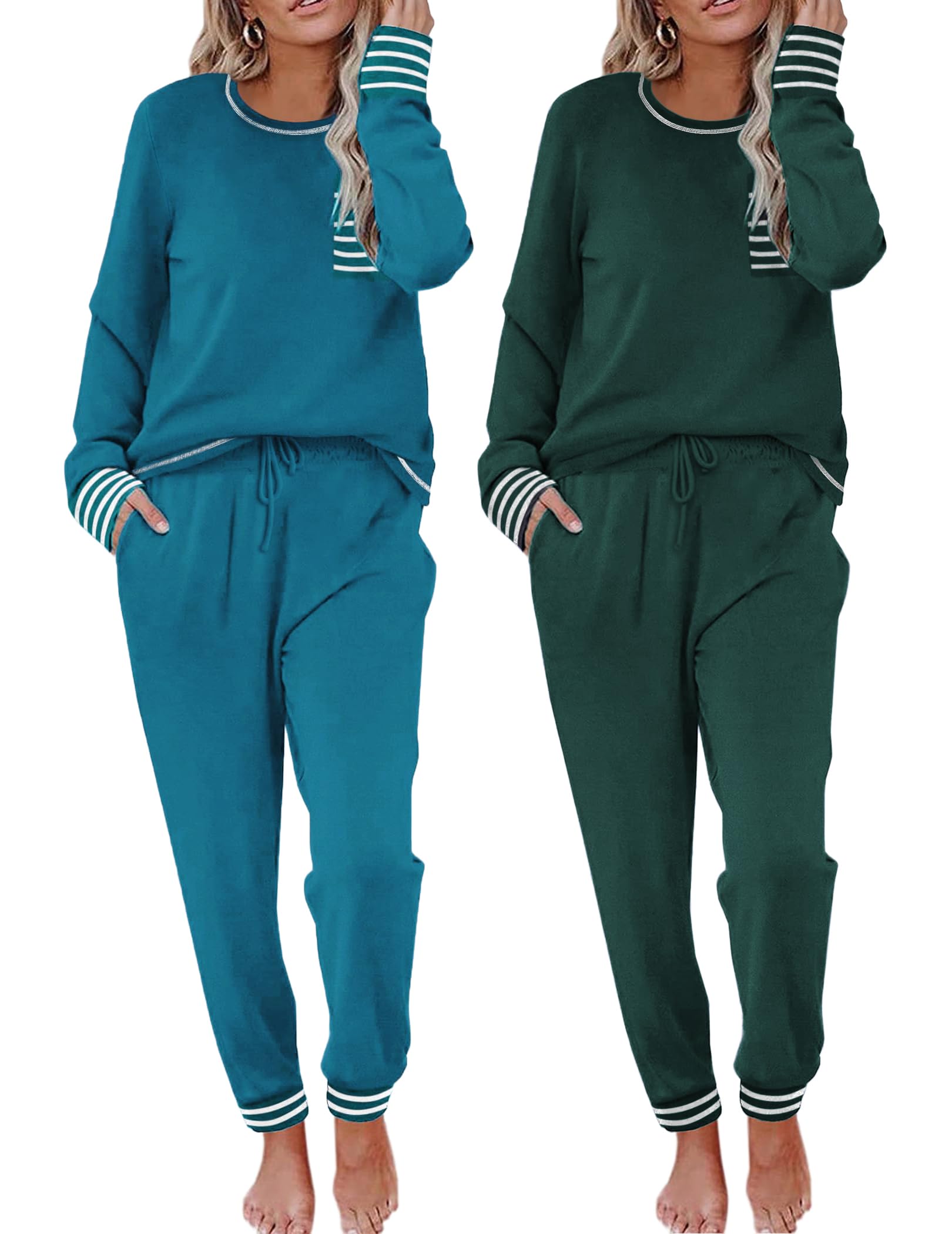 Ekouaer 2 Pack Womens Pajama Sets Long Sleeve Lounge Sets Soft Pj Sleepwear Loungewear