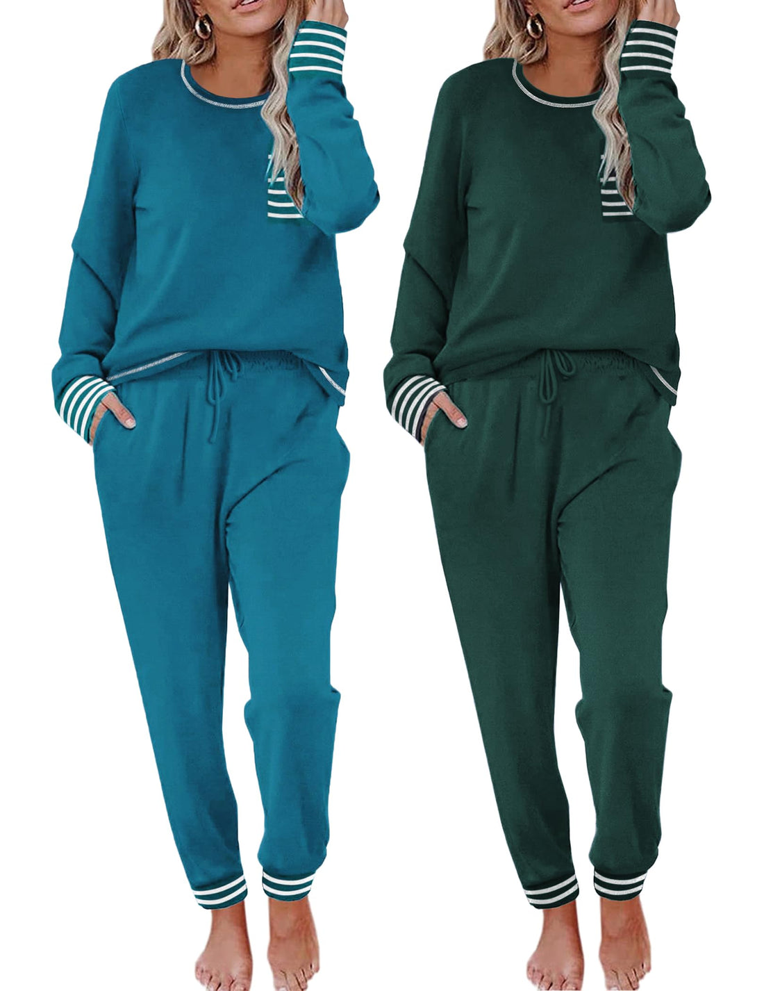 Ekouaer 2 Pack Womens Pajama Sets Long Sleeve Lounge Sets Soft Pj Sleepwear Loungewear