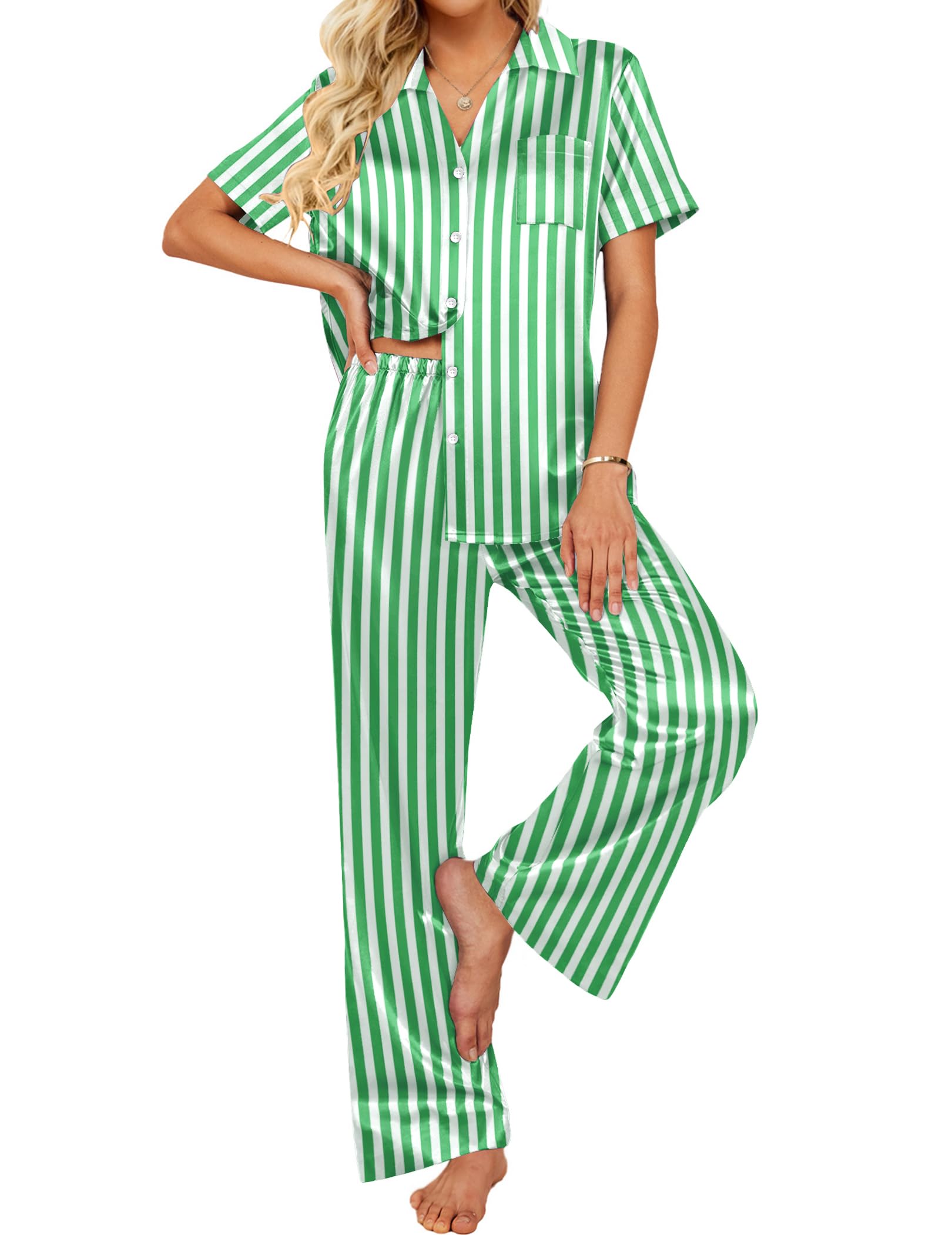 Ekouaer Silk Pajamas for Womens Set 2 Piece Satin Pjs Soft Button Down Sleepwear Wide Leg Long Pants with Pockets