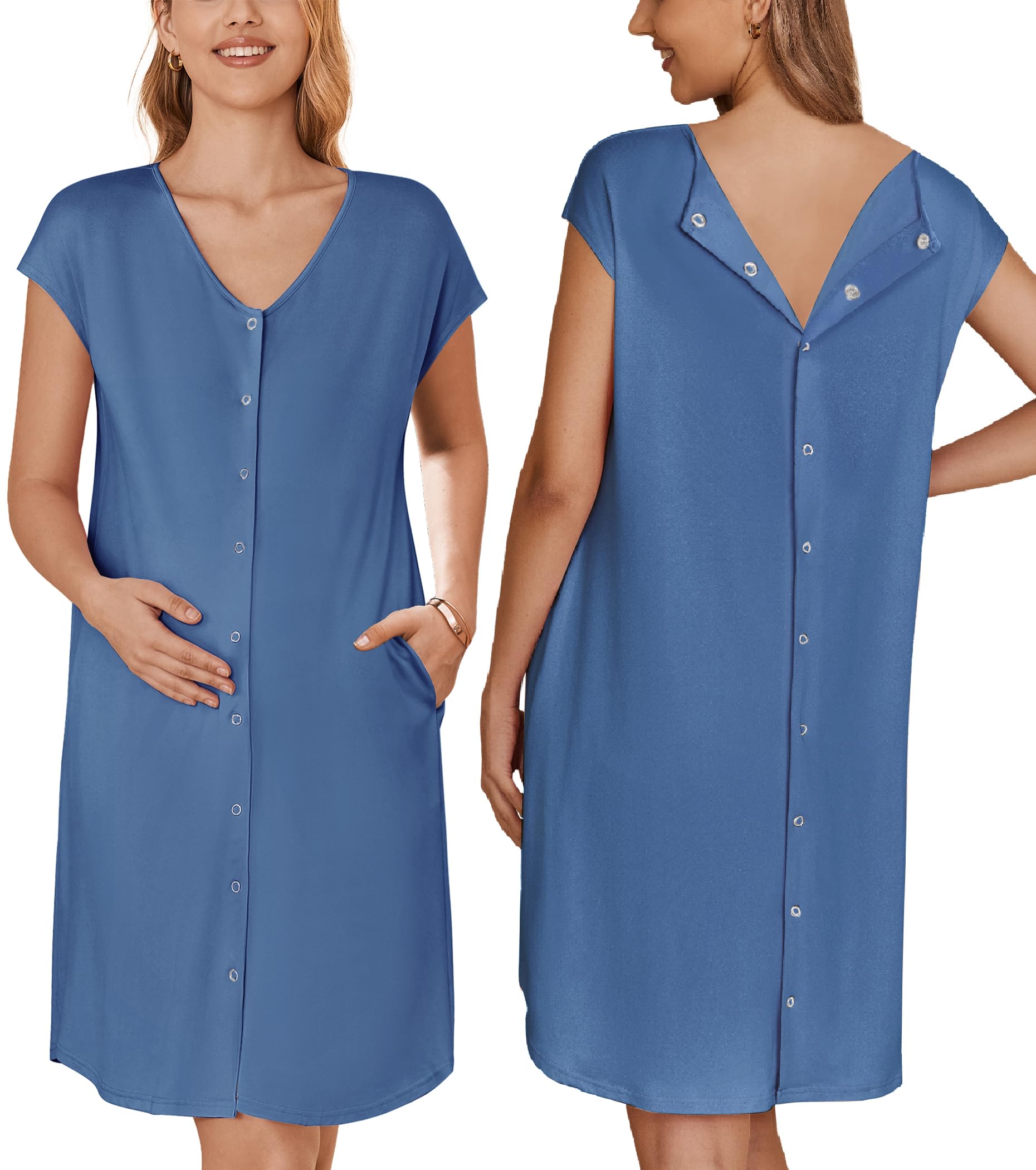 Ekouaer Labor and Delivery Gown for Hospital Birthing Gown Nursing Dress | Open Back Birthing Gown, Maternity Nursing Pajamas Dress Breastfeeding, Button C Section Postpartum Clothes