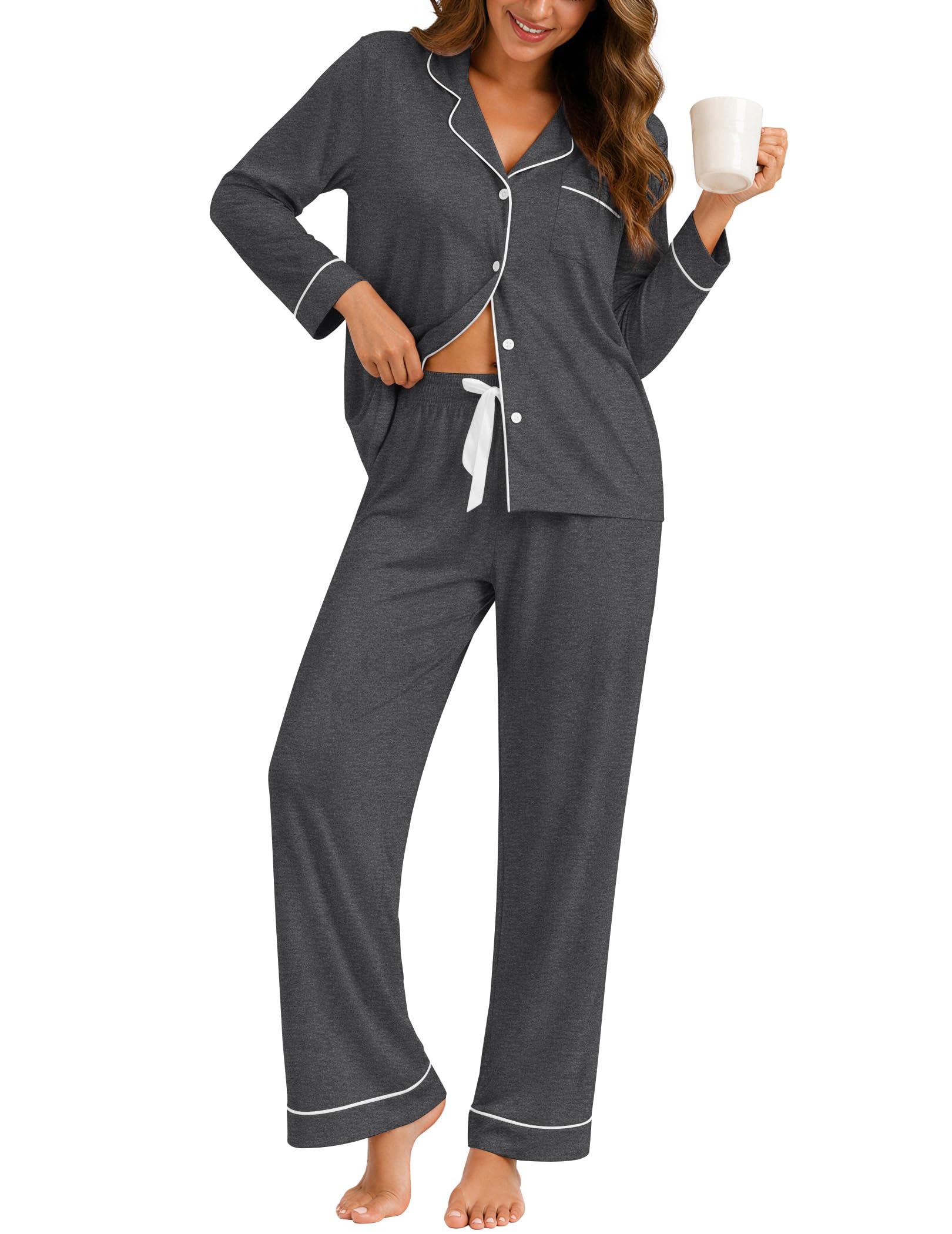 ZMJ Womens Pajamas Sets 2 Piece Long Sleeve and Pant Pj Sets Button Up Sleepwear