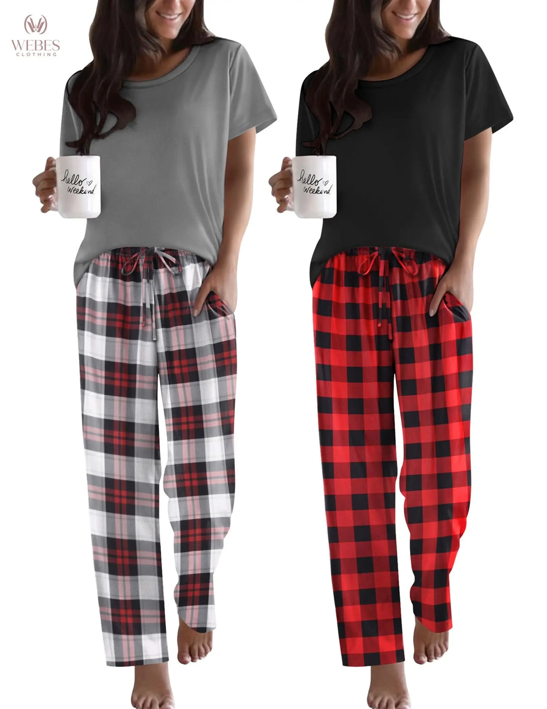 Ekouaer 2 Pack Pajamas for Women Set Short Sleeve Pj Top and Printed Pants | Soft PJs Cozy Printed Lounge Sets Comfy Sleepwear with Pockets WEBE CLOTHING