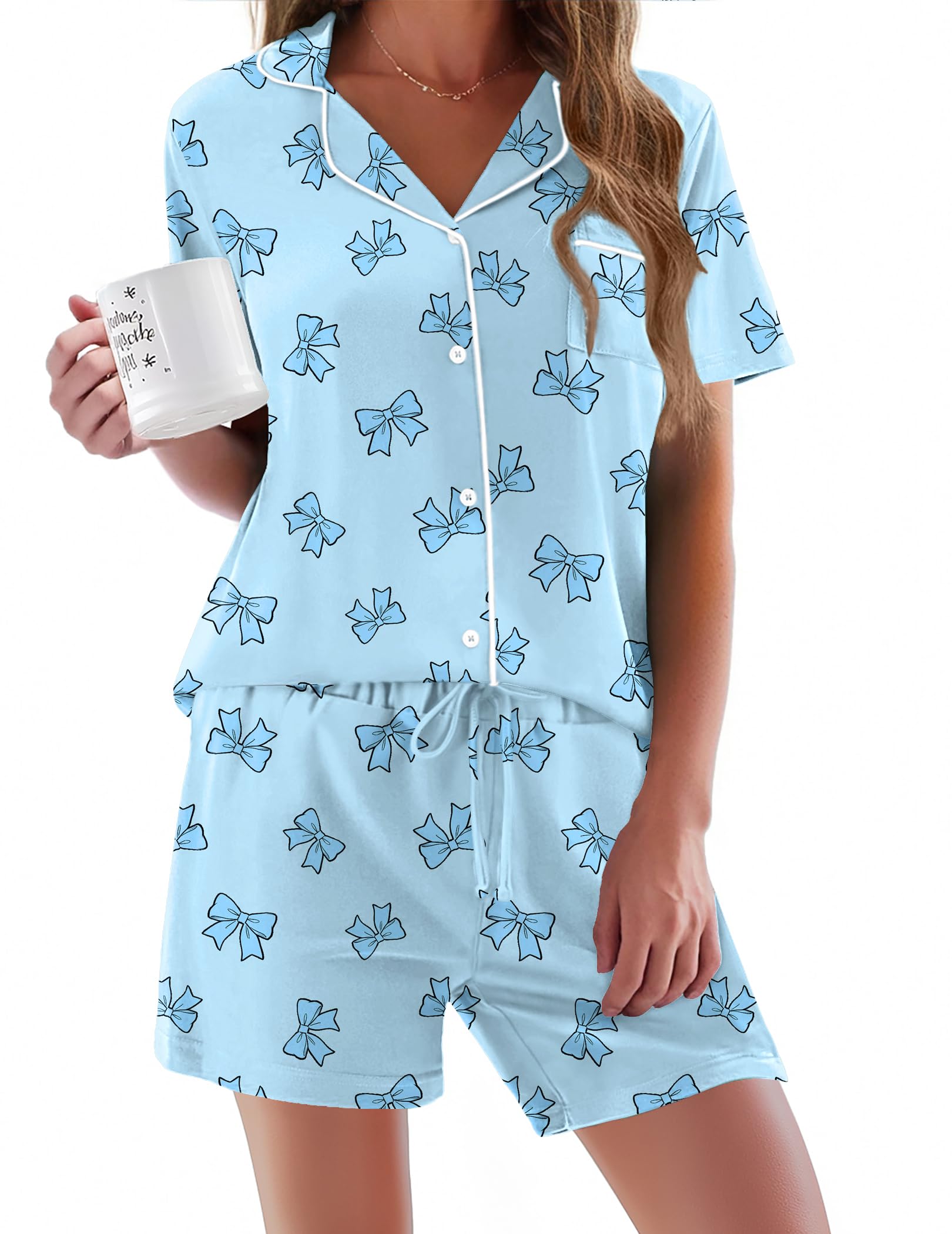 Ekouaer Pajamas Set for Women Short Sleeve Sleepwear Button Down Pjs Soft 2 Piece Lounge Sets XS-XXXL