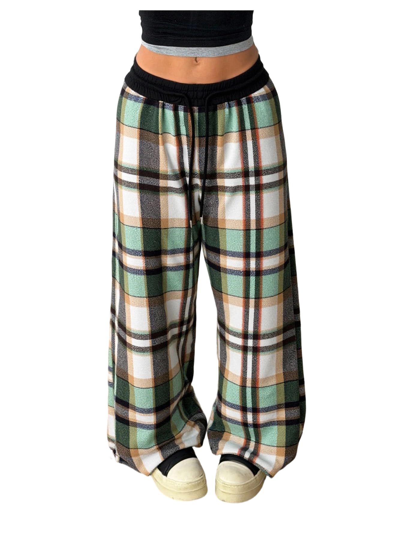 SOLY HUX Women's Plaid Checkered Pants Flannel Pajama Pants Lounge Wide Leg Baggy Sweatpants with Pockets