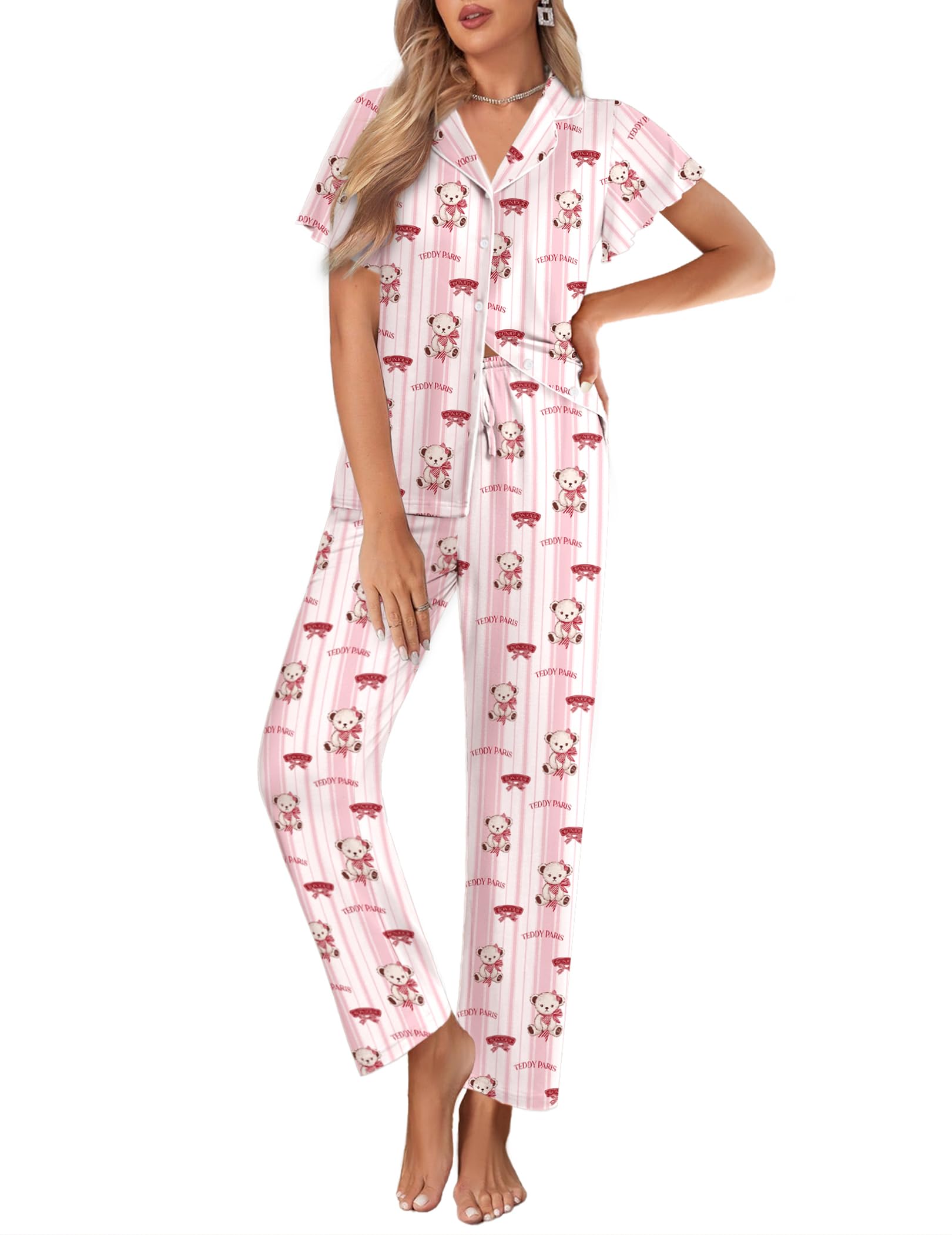 Ekouaer Pajamas for Women Set Button Up Sleepwear Cute Pjs Ruffle Sleeve Notch Collar Loungewear with Long Pants S-XXL