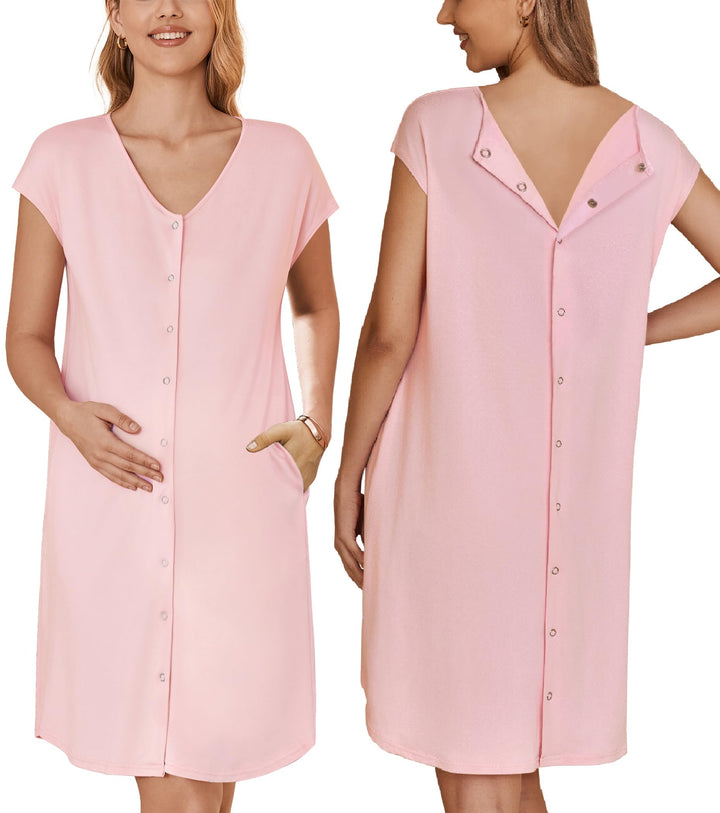 Ekouaer Labor and Delivery Gown for Hospital Birthing Gown Nursing Dress | Open Back Birthing Gown, Maternity Nursing Pajamas Dress Breastfeeding, Button C Section Postpartum Clothes