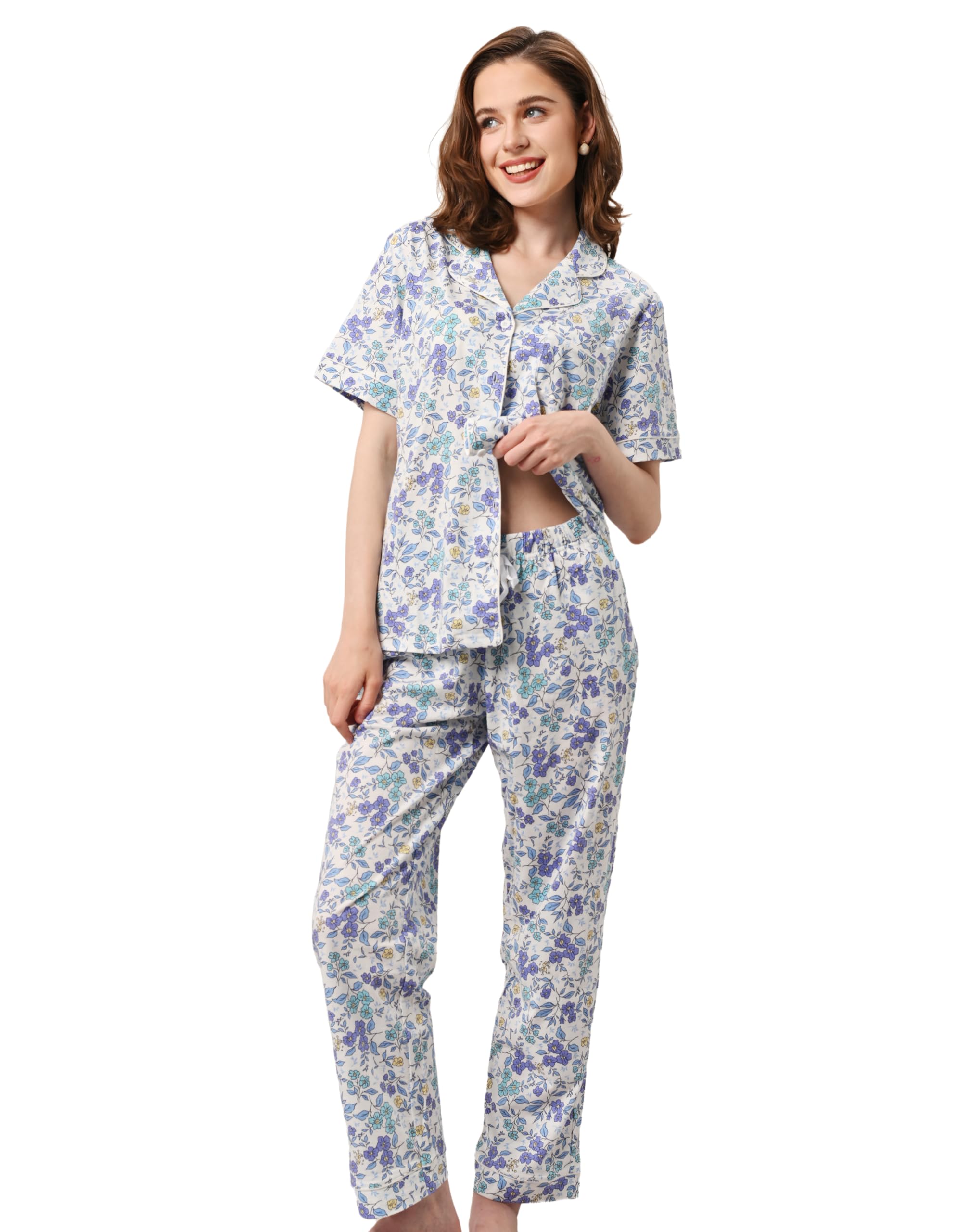 NAP BOUND 100% Cotton Pajamas for Women Sets 2 Pieces Pjs Button short sleeves with Pockets Soft Sleepwear Loungewear XS-XXL