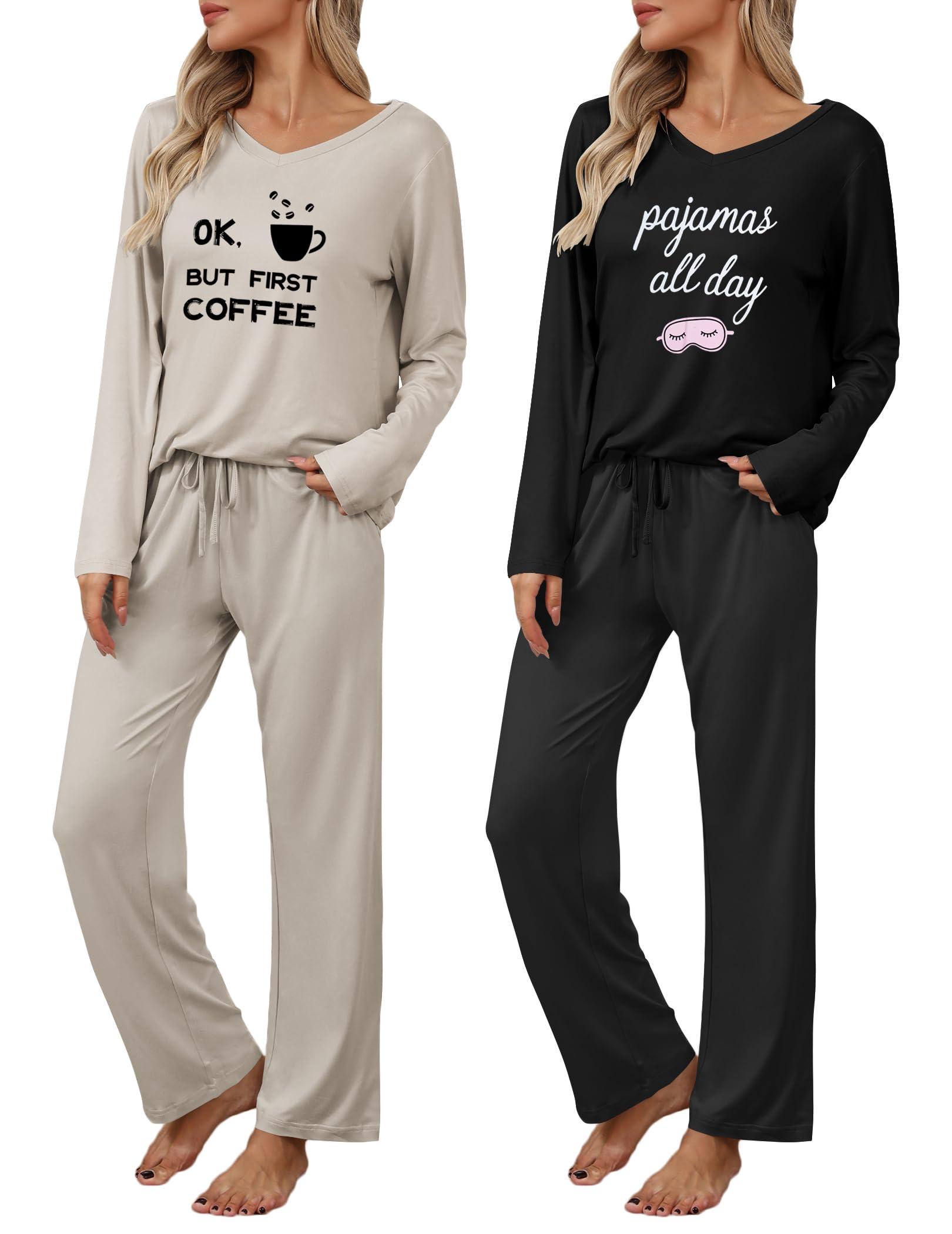Ekouaer Womens 2 Pack Pajama Set Long Sleeve Pajamas Top and Pants V Neck Pjs Set Soft Loungewear with Pockets