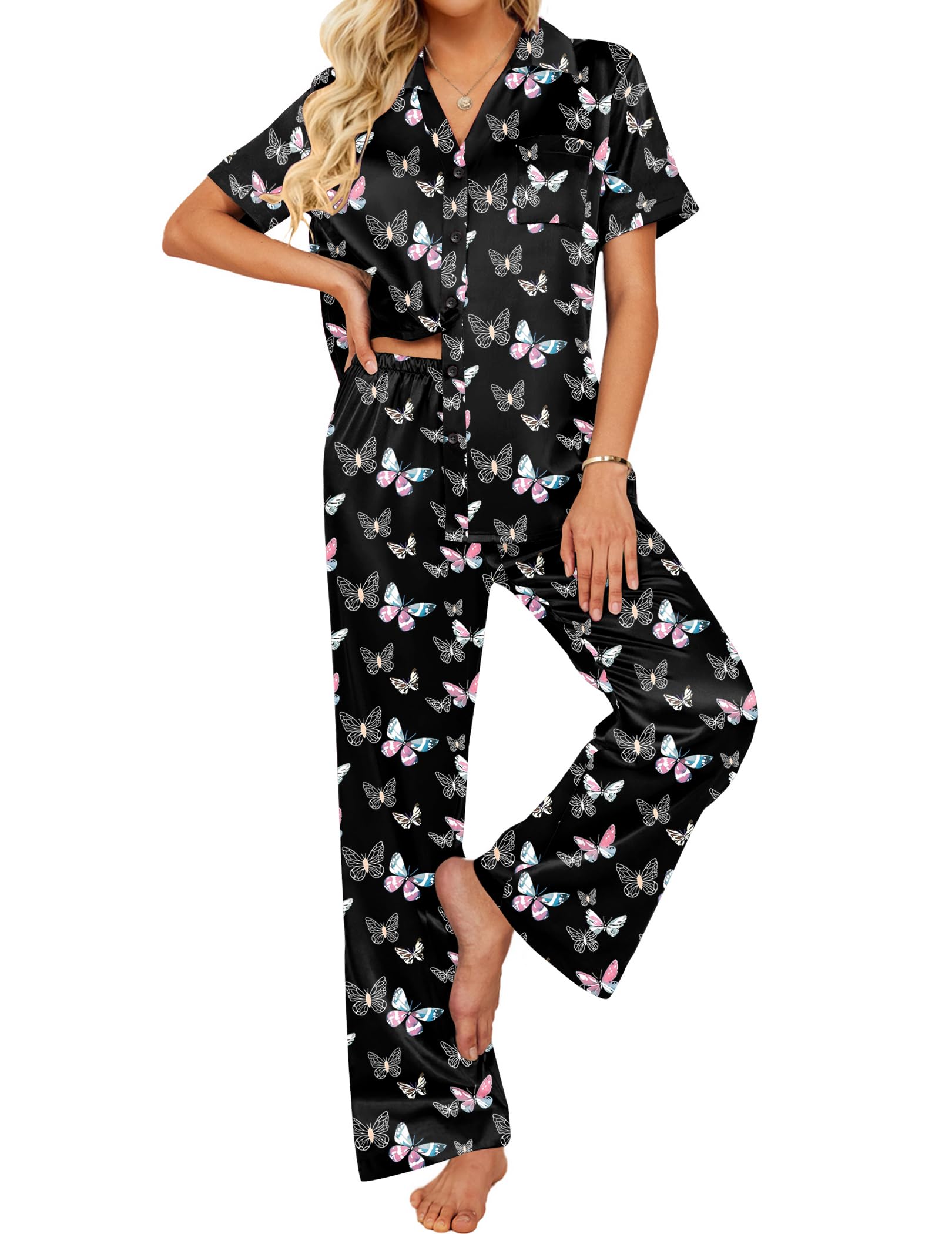 Ekouaer Silk Pajamas for Womens Set 2 Piece Satin Pjs Soft Button Down Sleepwear Wide Leg Long Pants with Pockets