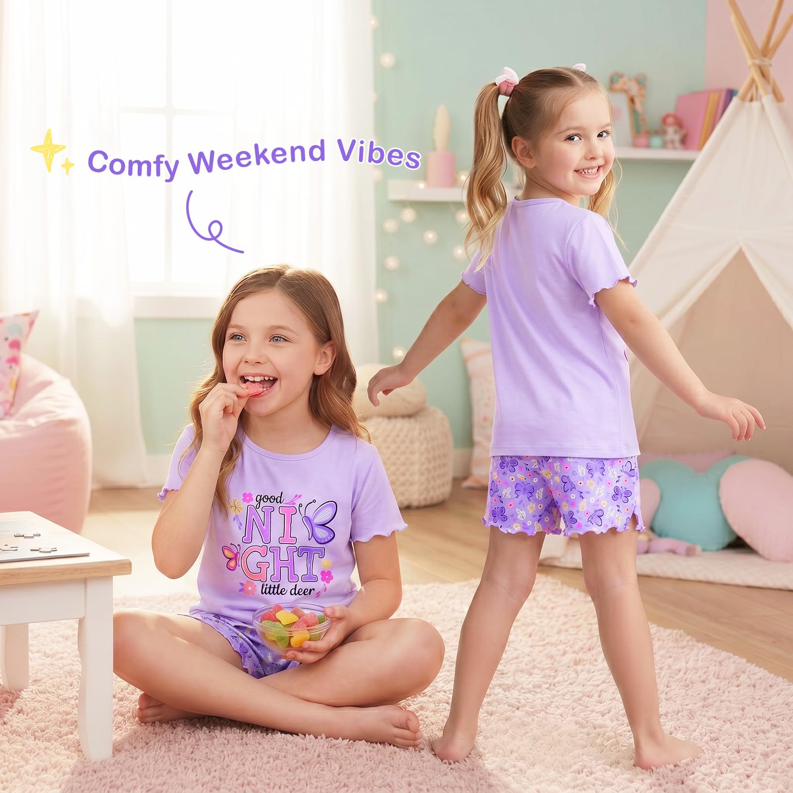 Play Tailor Girls Pajamas for Toddler Ruffled Kids Pajamas Set Short Sleeves Summer Pjs Sleepwear for Girl