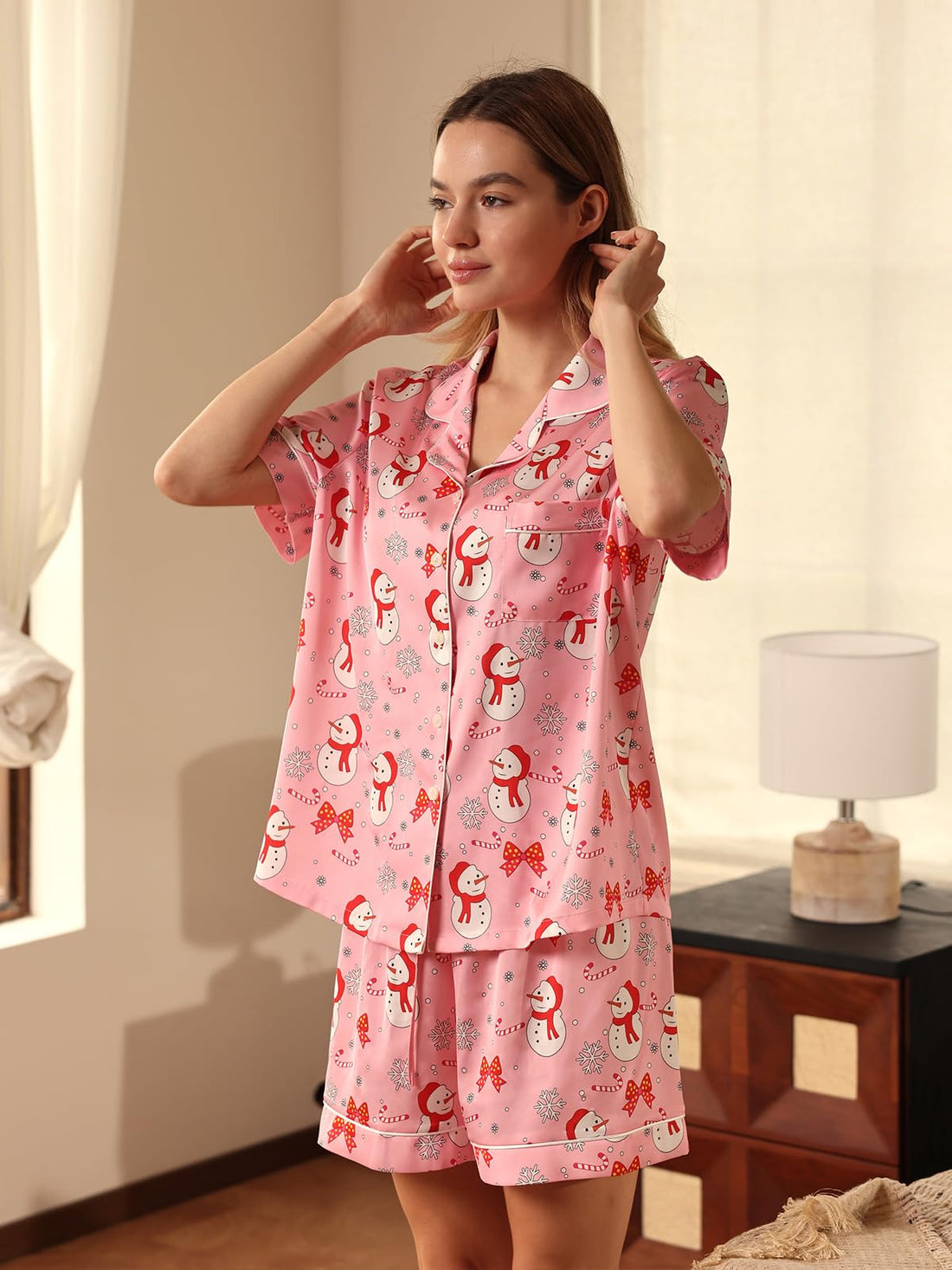 Christmas Pajamas Shorts Silk Pjs Women Satin Pajama Cute Print Tee and Shorts Gift Sleepwear 2 Pieces Loungewear