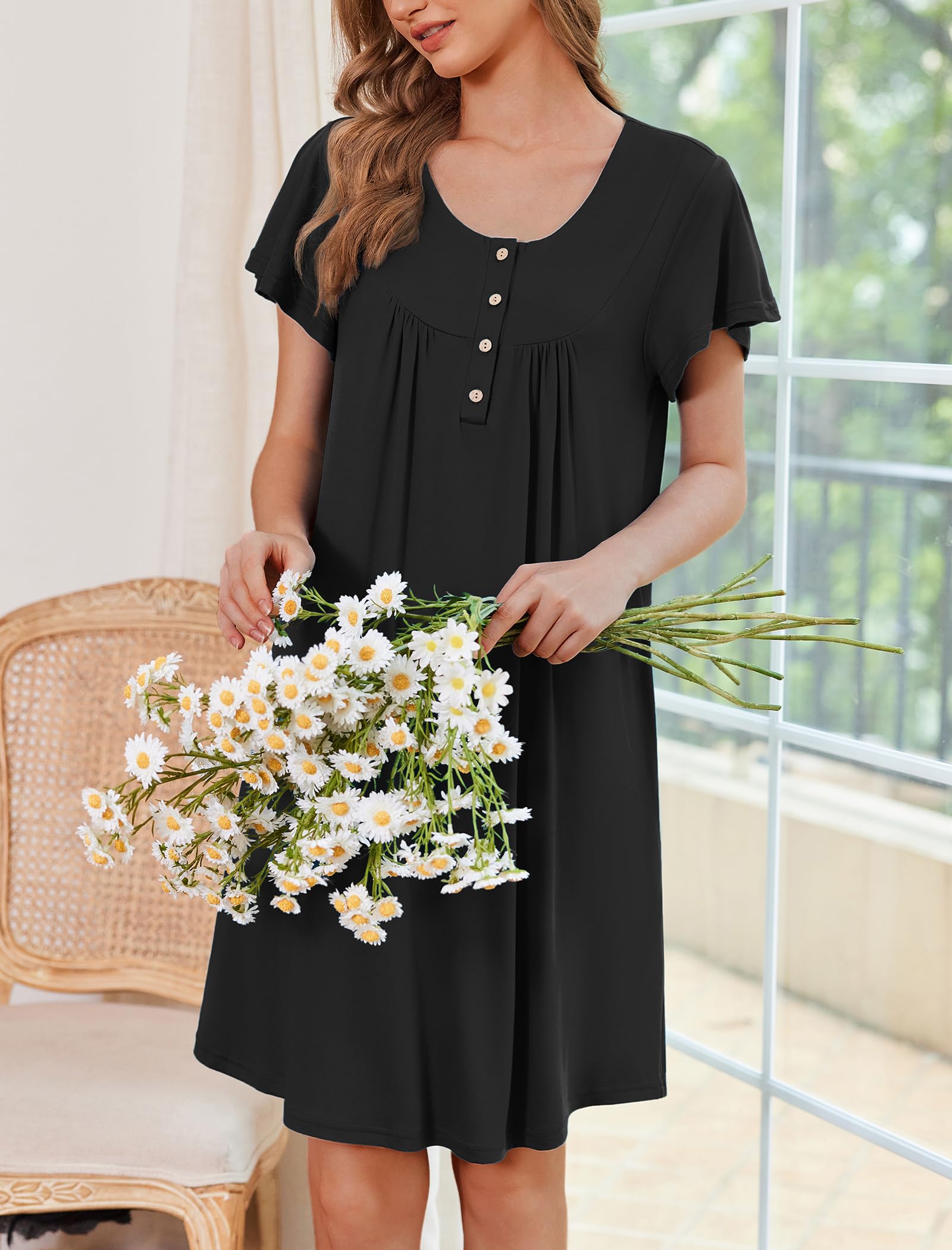 Ekouaer 2 Pack House Dresses for Women with Pockets Short Sleeve Moo Moos | Ruffle Sleeve Mumu Dress, Soft Button Front Nightgown, Two Side Pockets, Comfy Sleepwear, Perfect for Your Mom, Grandma, Gift WEBE CLOTHING