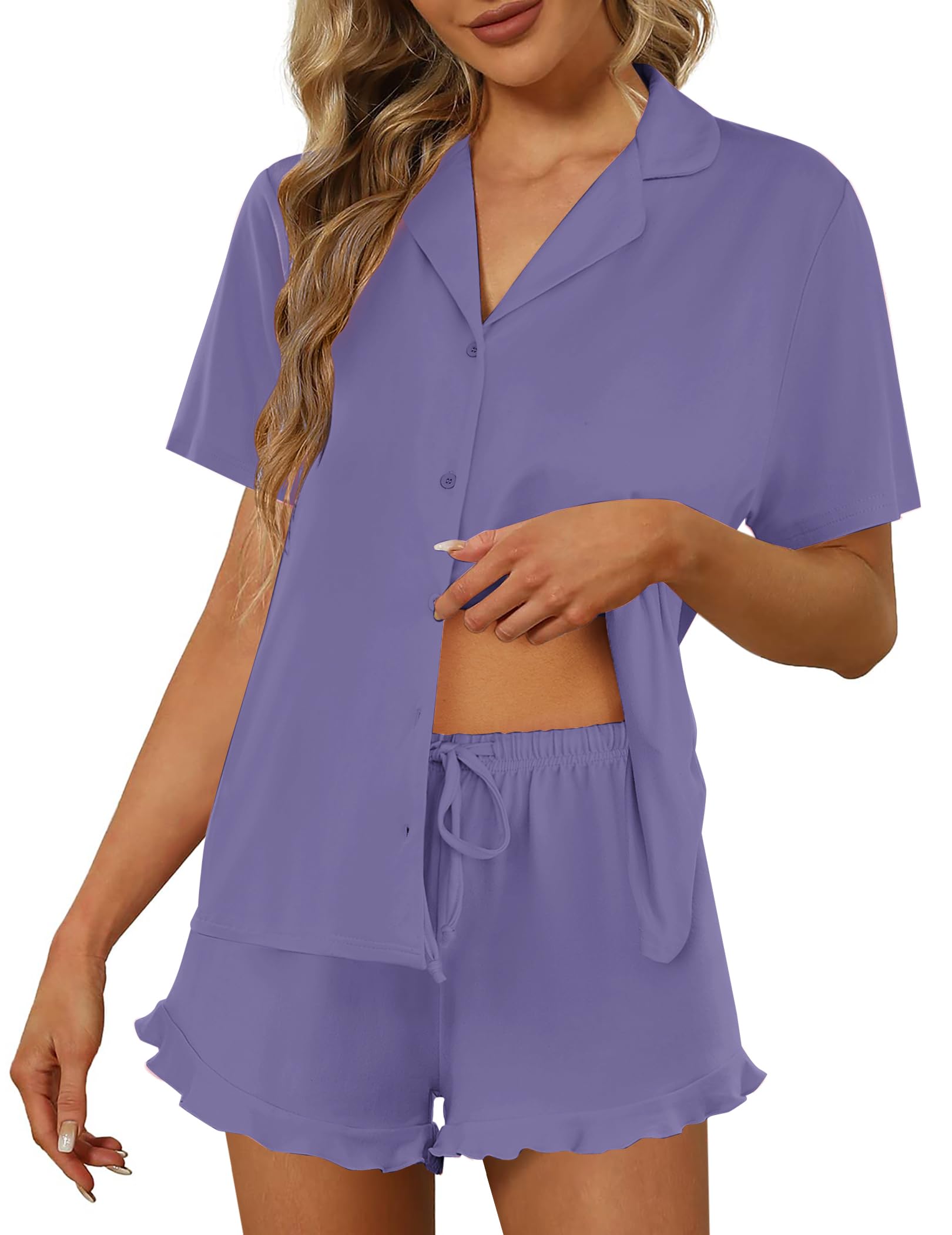 Ekouaer Pajamas Set for Women Short Sleeve Sleepwear Button Down Pjs Lounge Sets Soft Nightwear