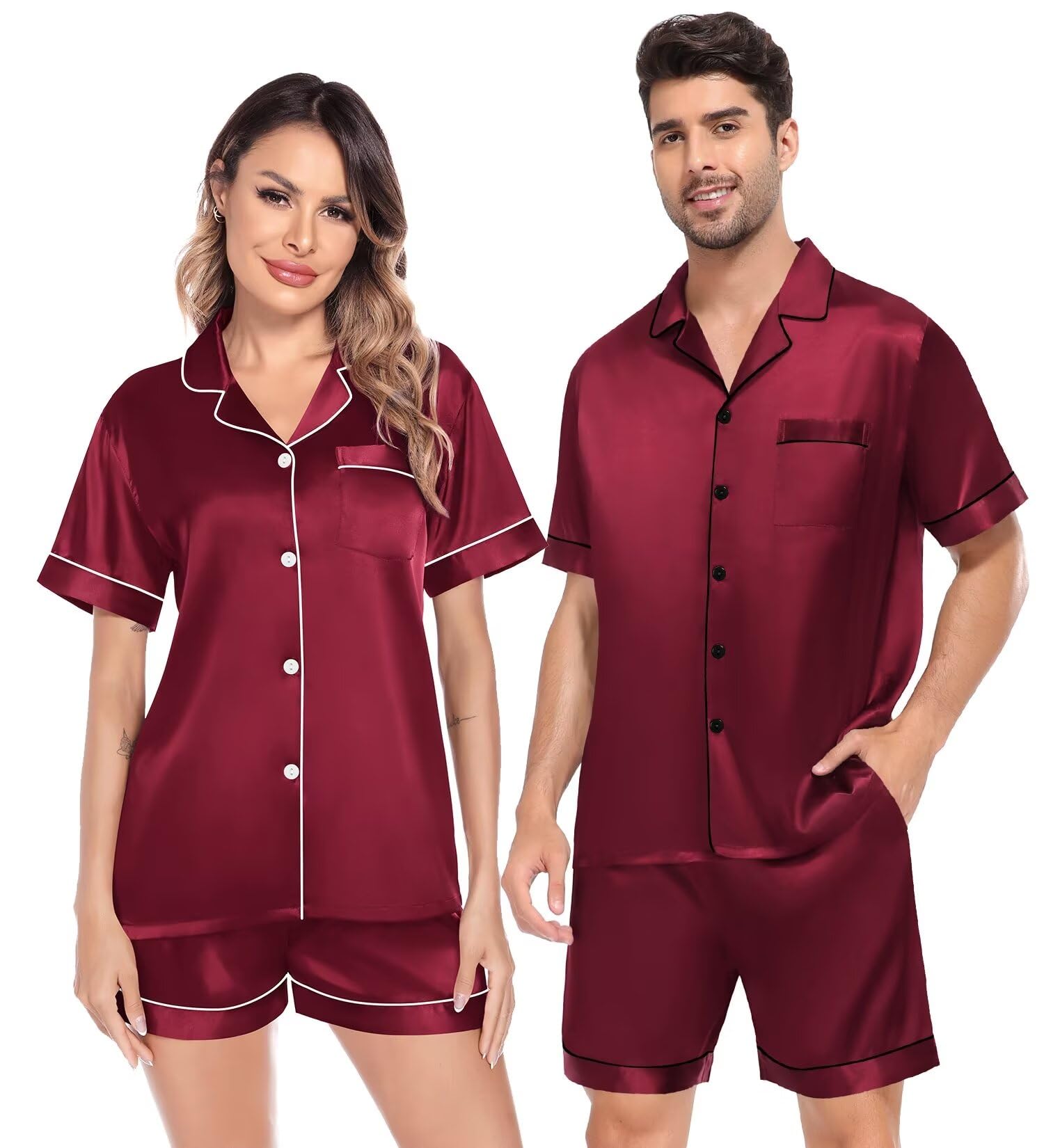 SWOMOG Satin Matching Pajamas Sets Couple Silk Button Down Nightwear Women & Men Short Sleeve Sleepwear 2 Pieces Loungewear