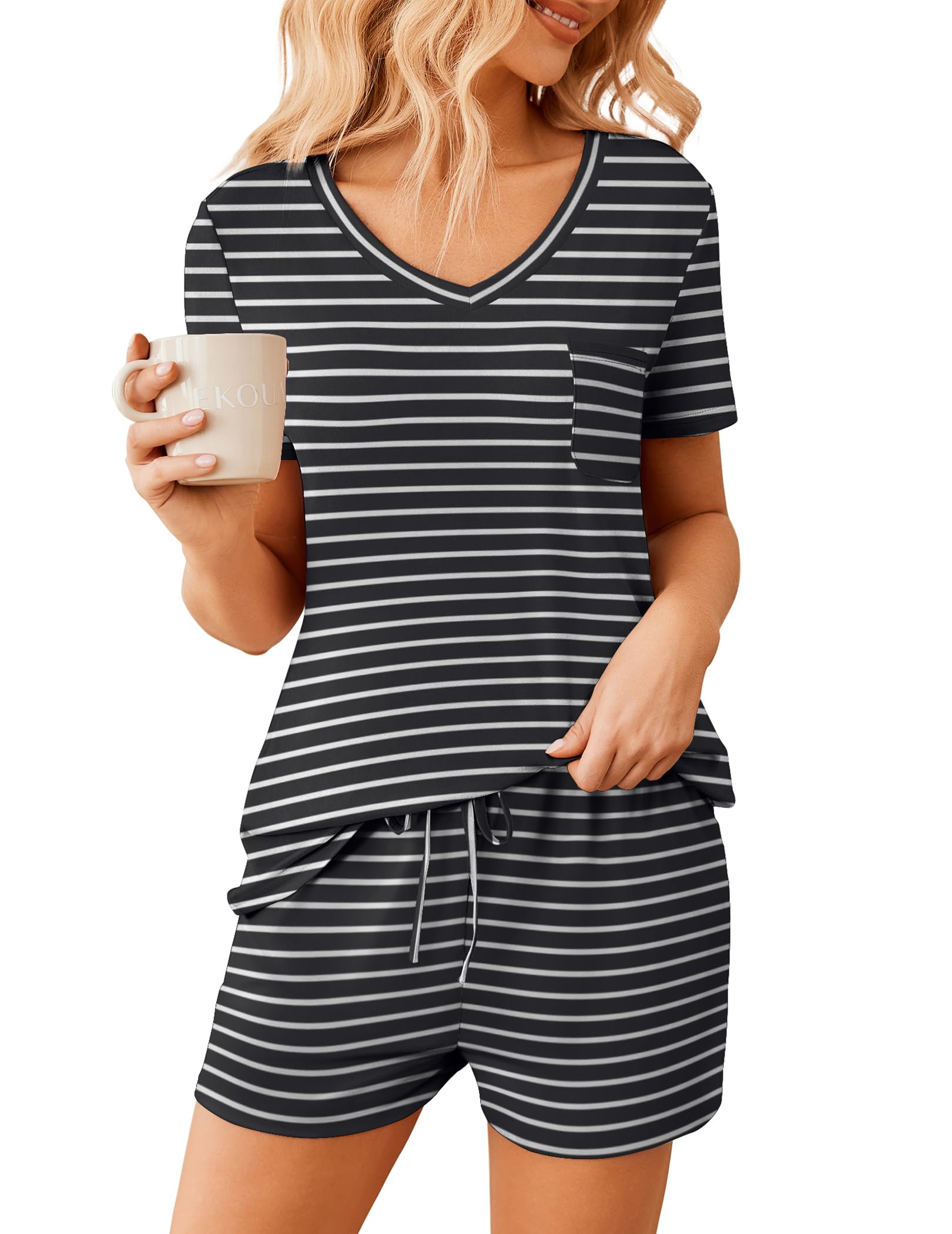 Ekouaer Womens Pajama Sets Short Sleeve Pajamas for Women Sets Soft Lounge Sets Casual V Neck Sleepwear PJS