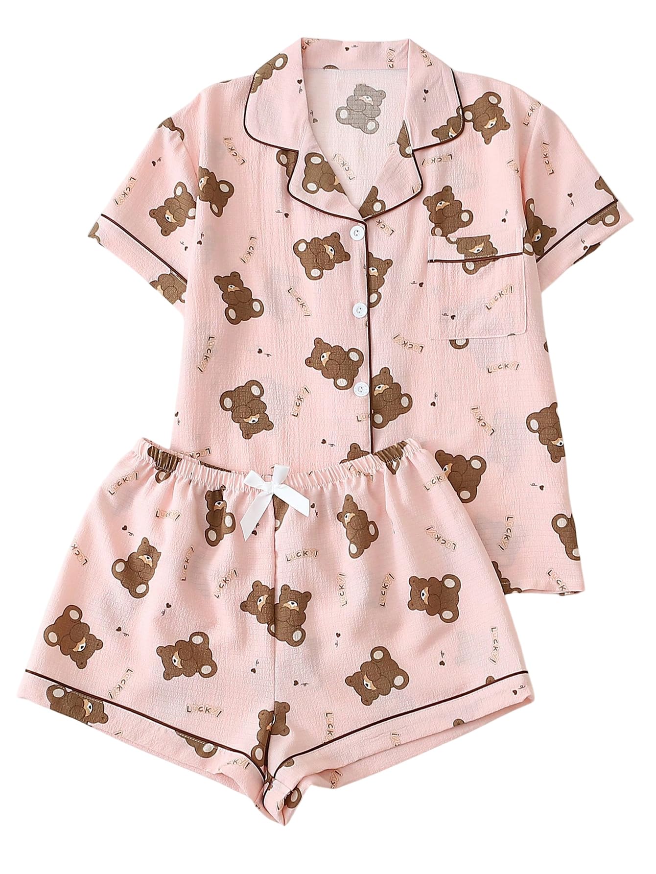 Verdusa Pajamas For Women Set 2 Piece Summer Pajama Sets Cute Pjs Lounge Matching Button Shirt with Shorts