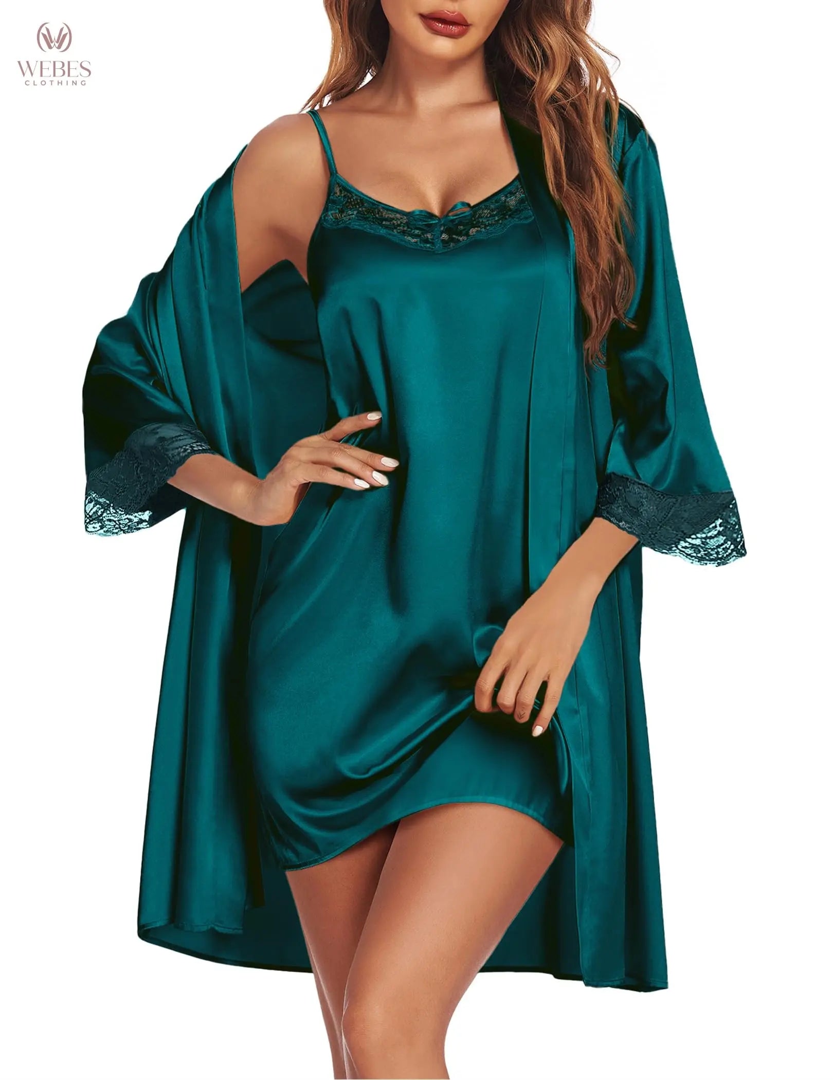 Ekouaer Sleepwear Women's Satin Nightgown with Robes Set 2 Piece Sexy Lace Cami Nightwear WEBE CLOTHING