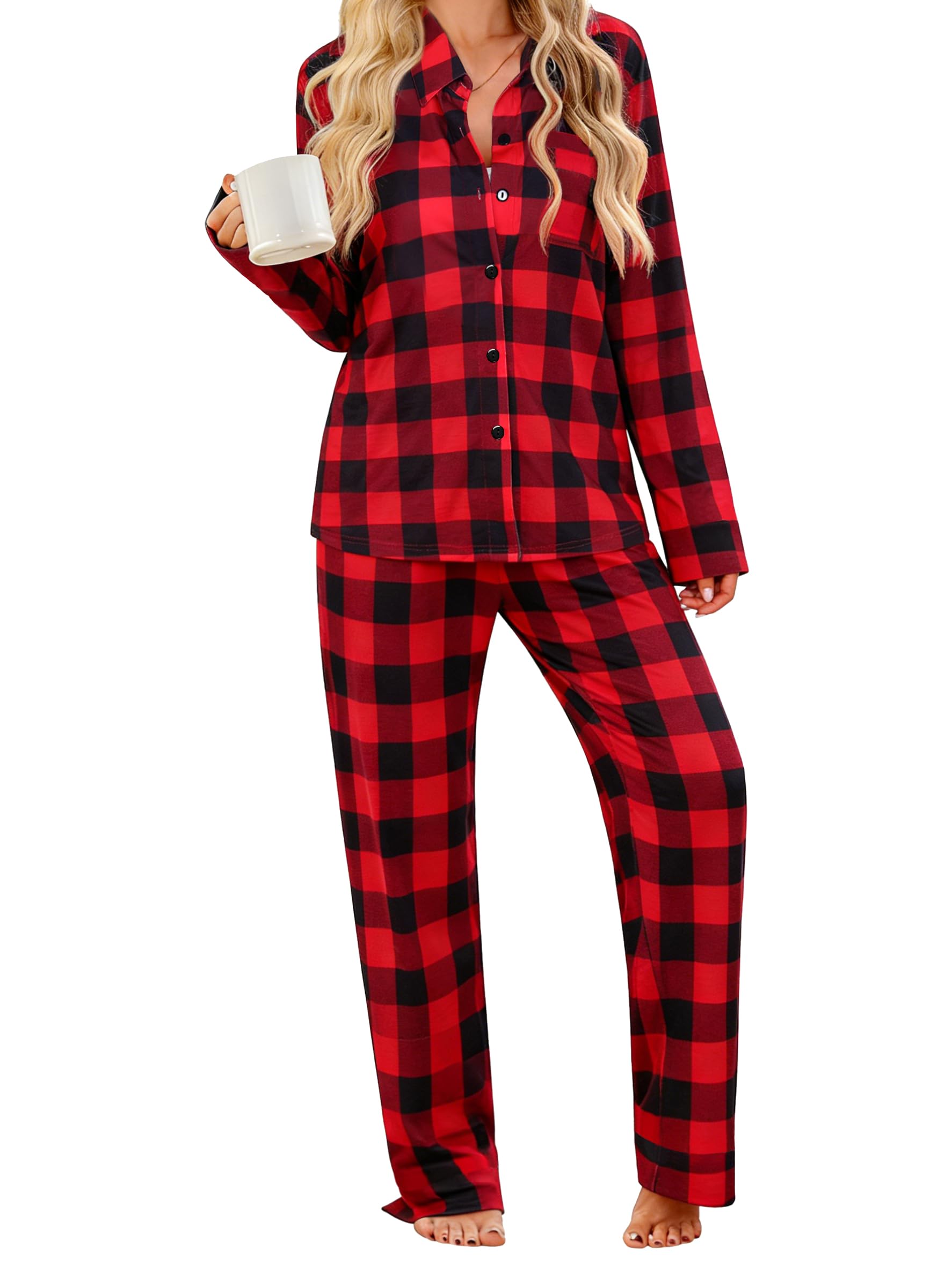 SWOMOG Womens Pajamas Set Long Sleeve Sleepwear Button Down Nightwear Soft Cotton Pj Lounge Sets