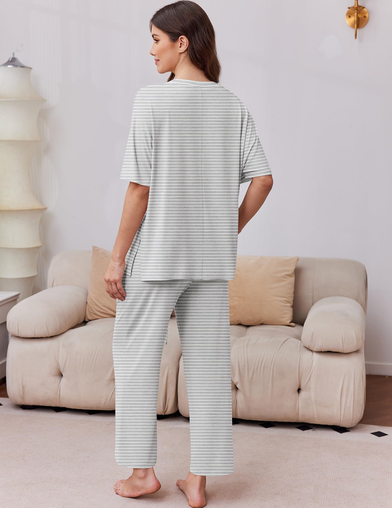 Ekouaer 2 Packs Lounge Sets for Women Short Sleeve Pajamas Set V Neck Top and Long Pants Comfy Pjs Outifts with Pockets