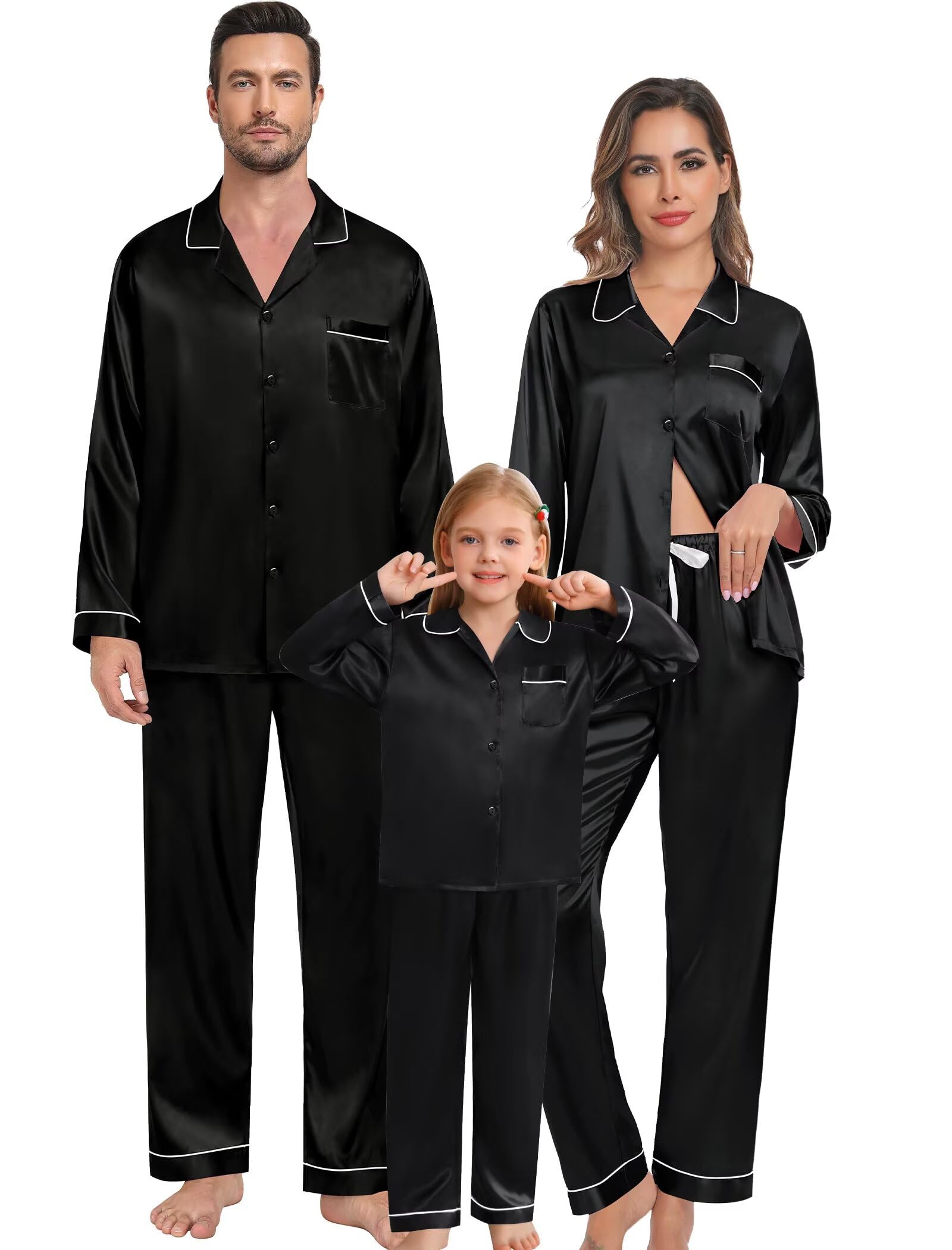 SWOMOG Family Matching Pajama Set 2Pcs Silk Satin Sleepwear Long Sleeve Button Down Loungewear