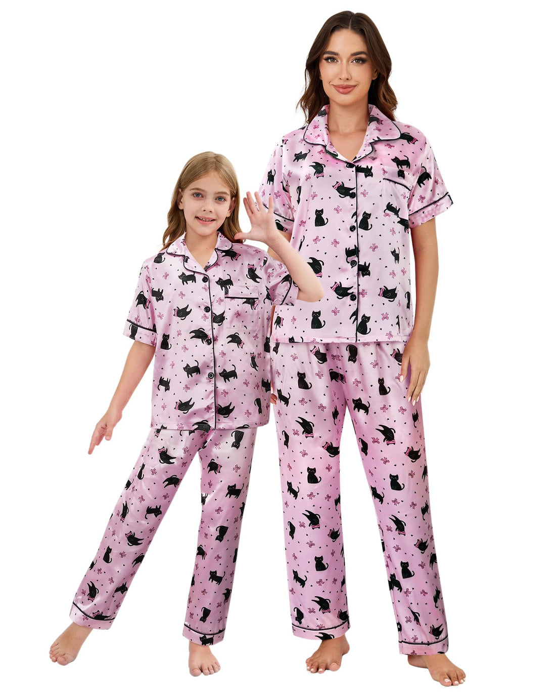 Mommy and Me Pajamas Mother Daughter Family Matching Sleepwear Button Down Silky Satin Nightwear