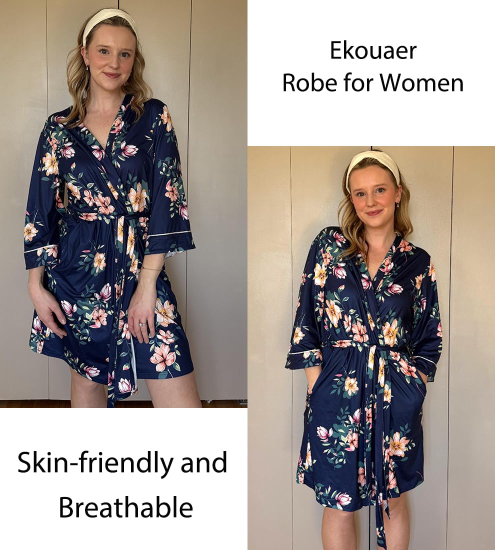 Ekouaer Women Kimono Robes Knee Length Knit Bathrobe Lightweight Soft Sleepwear V-neck Casual Ladies Loungewear WEBE CLOTHING