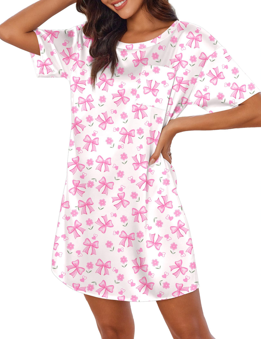 Ekouaer Silk Sleep Shirts for Women Satin Nightshirt Tshirt Nightgown Short Sleeve Round Neck Sleepwear with Pocket S-2XL