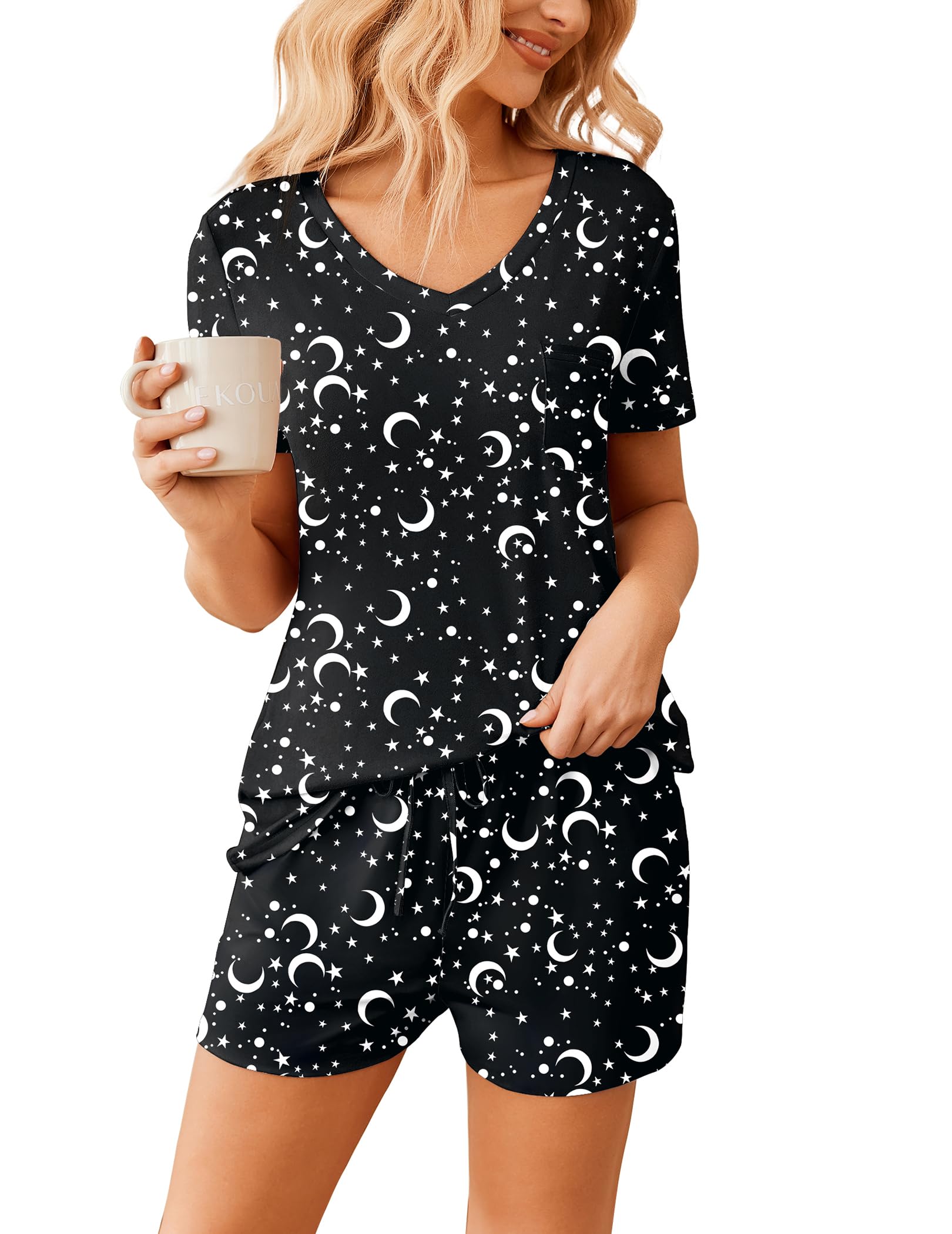 Ekouaer Womens Pajama Sets Short Sleeve Pajamas for Women Sets Soft Lounge Sets Casual V Neck Sleepwear PJS