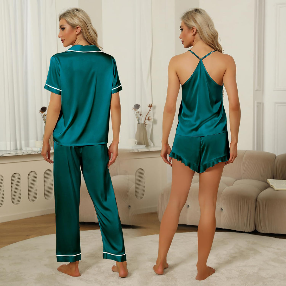SAPJON Silk Pajamas for Women Set 4Pcs Ruffled Satin Pajamas Set Button Down Short Sleeve Cami Shorts Sleepwear Pj Set