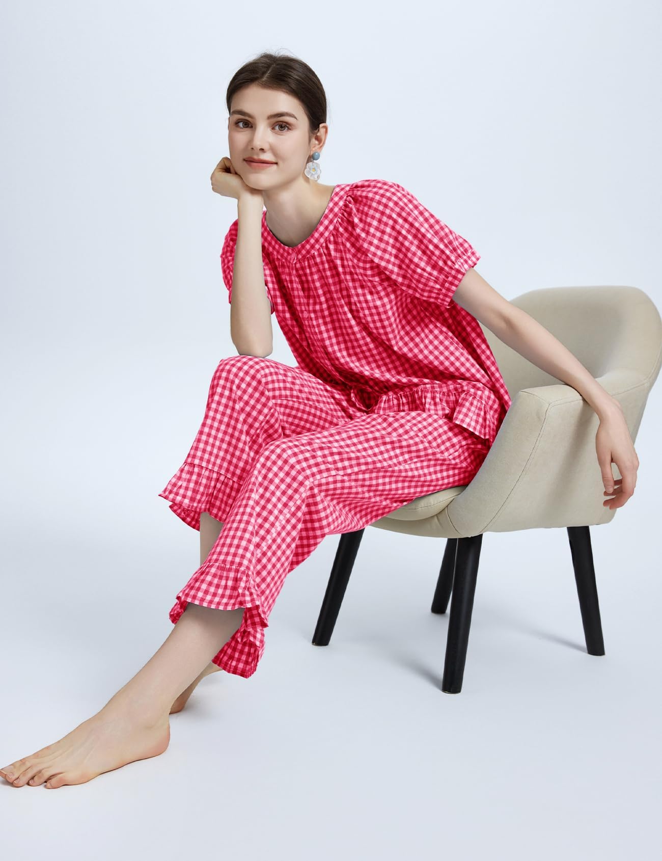 Flygo Womens Plaid 2 Piece Pajamas Sets Gingham Button Down Puff Sleeve Babydoll Shirt Ruffle Pants Y2K Pjs Lounge Set WEBE CLOTHING