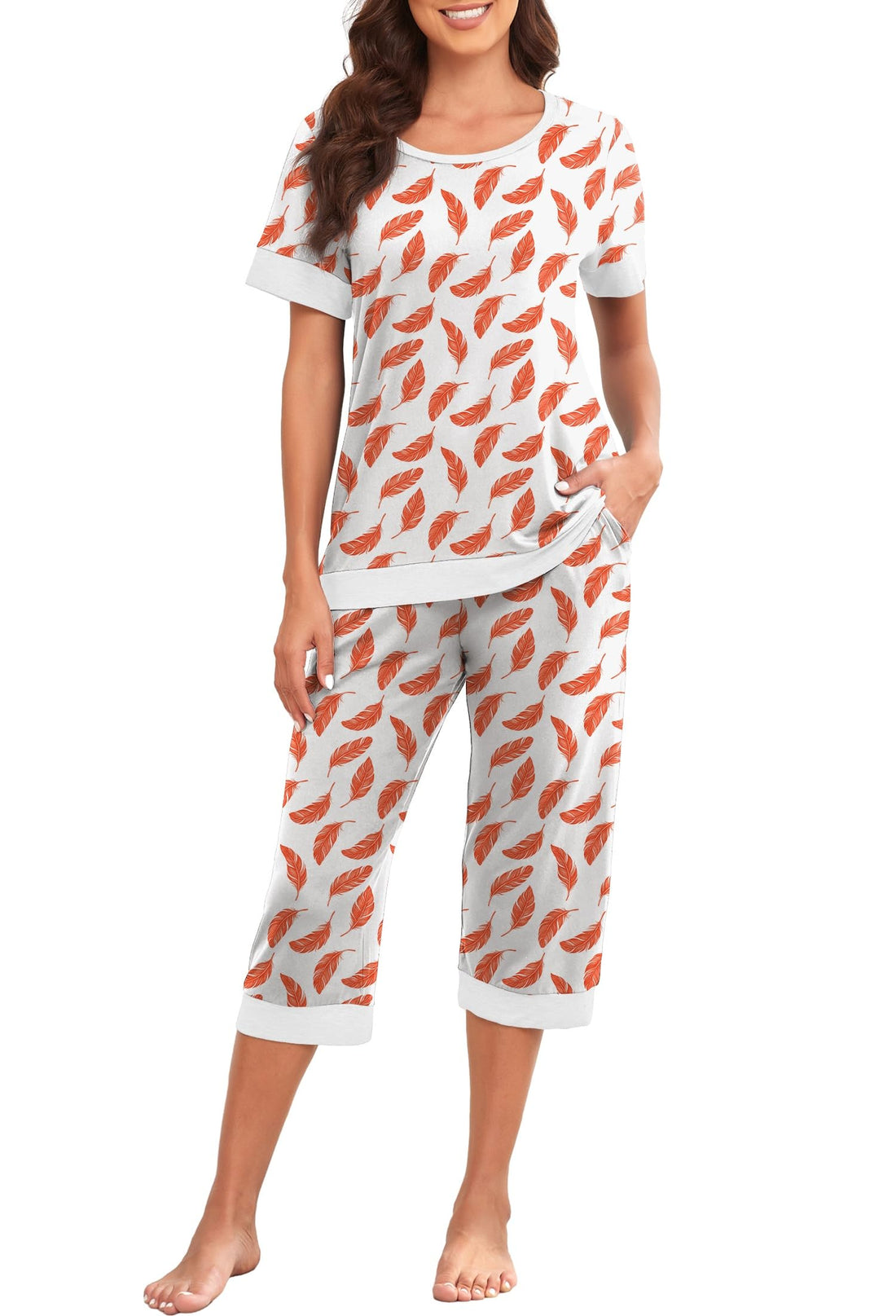 PrinStory Women's Pajama Set Short Sleeve Shirt and Capri Pants Sleepwear Pjs Sets Lounge Set WEBE CLOTHING