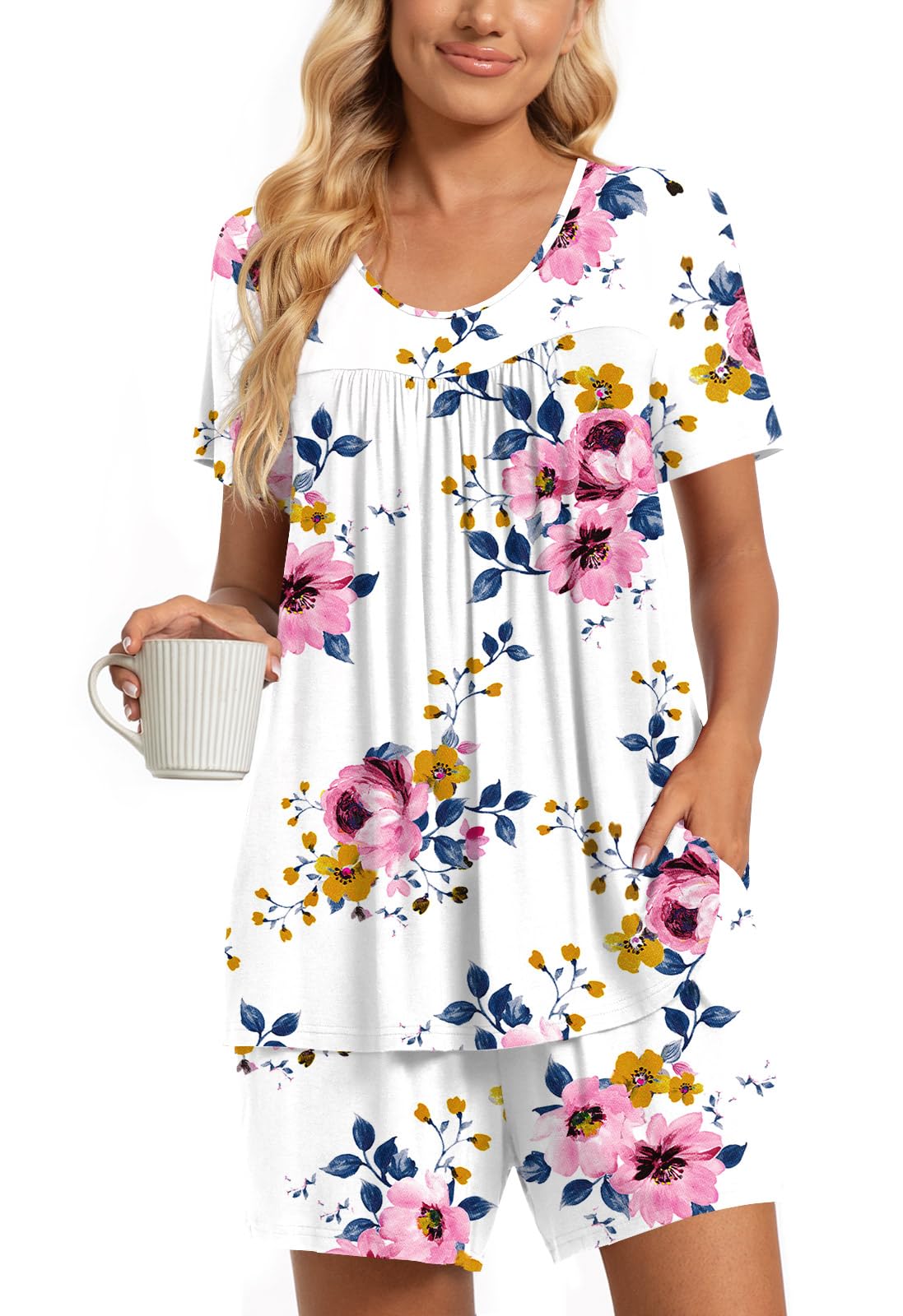 TAOHUADAO 2 Piece Women's Short Sleeve Pajama Sets, Lounge Sleepwear Ladies Pjs Sets with Pockets