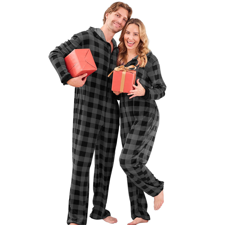 PJGGZ Onesie Couples Matching Pajamas - Funny Plaid Zipper Hooded Pjs Sets for Women & Men Soft Warm Christmas Jumpsuit WEBE CLOTHING