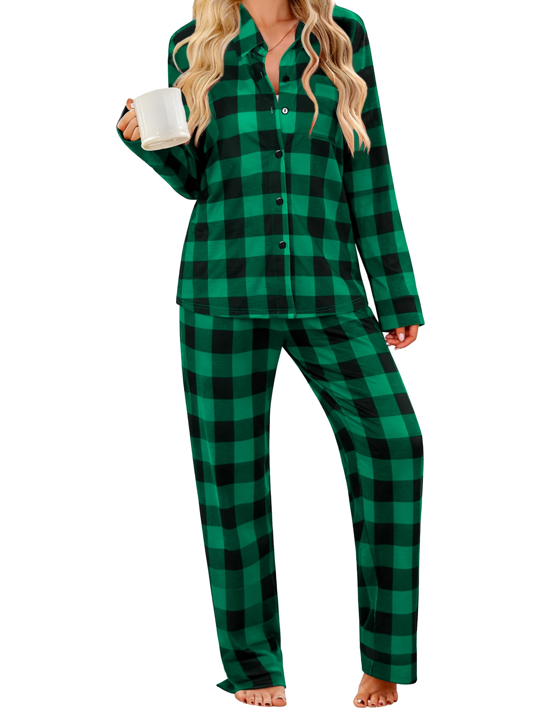 SWOMOG Womens Pajamas Set Long Sleeve Sleepwear Button Down Nightwear Soft Cotton Pj Lounge Sets