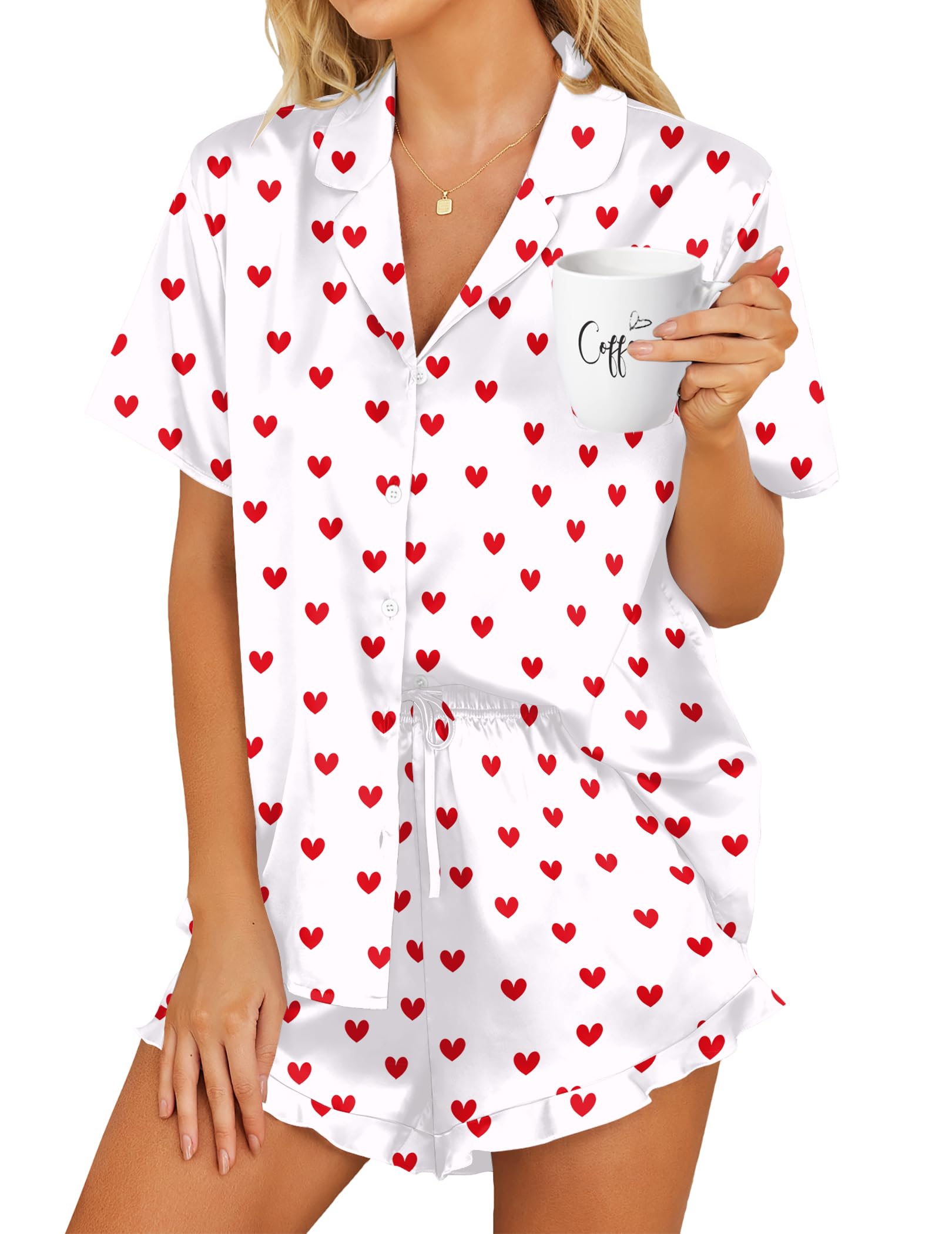 HOTOUCH Womens Satin Pajamas Set Button Down 2 Piece Silk Pjs Shorts Set Ruffle Lingerie Notch Collar Sleepwear
