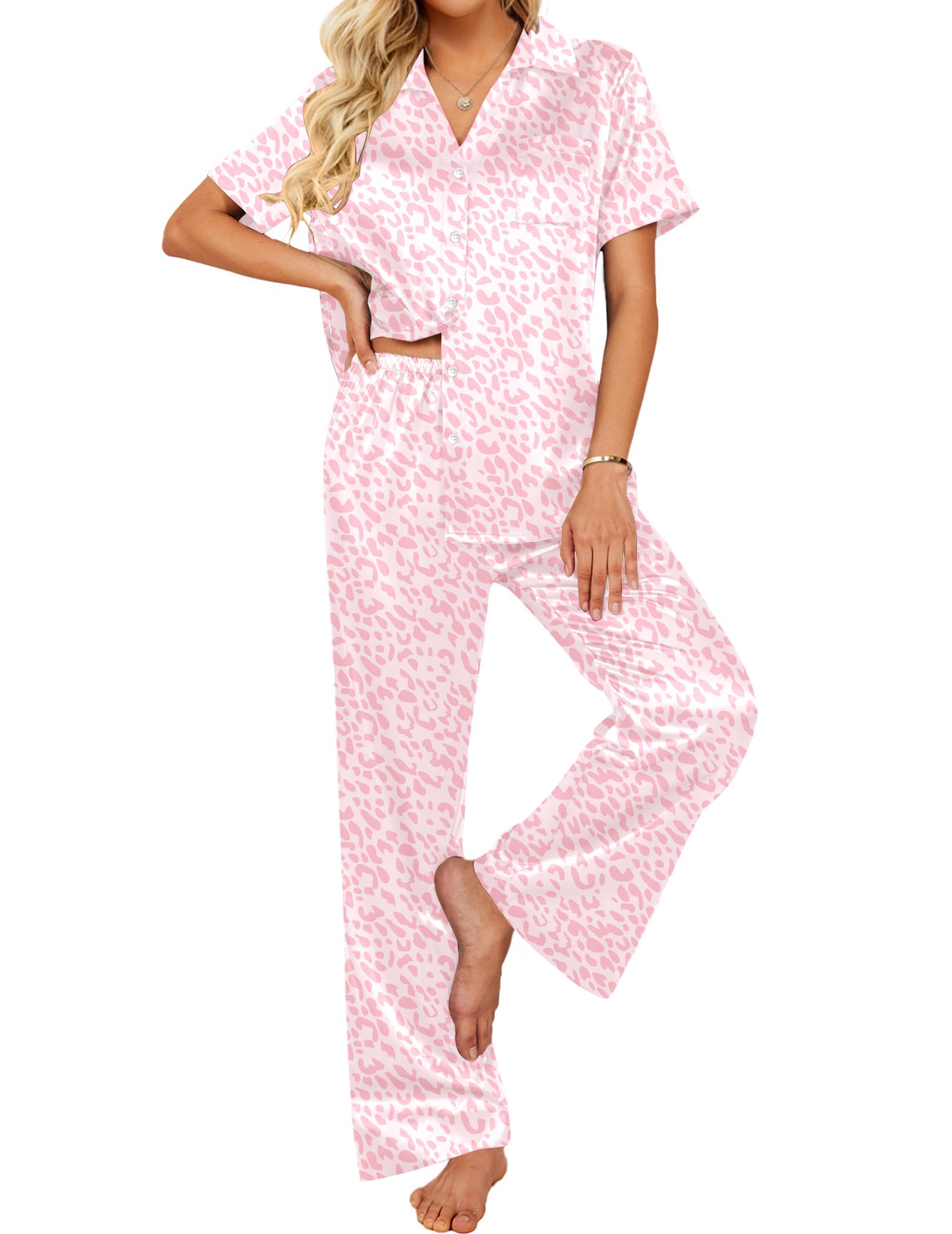 Ekouaer Silk Pajamas for Womens Set 2 Piece Satin Pjs Soft Button Down Sleepwear Wide Leg Long Pants with Pockets