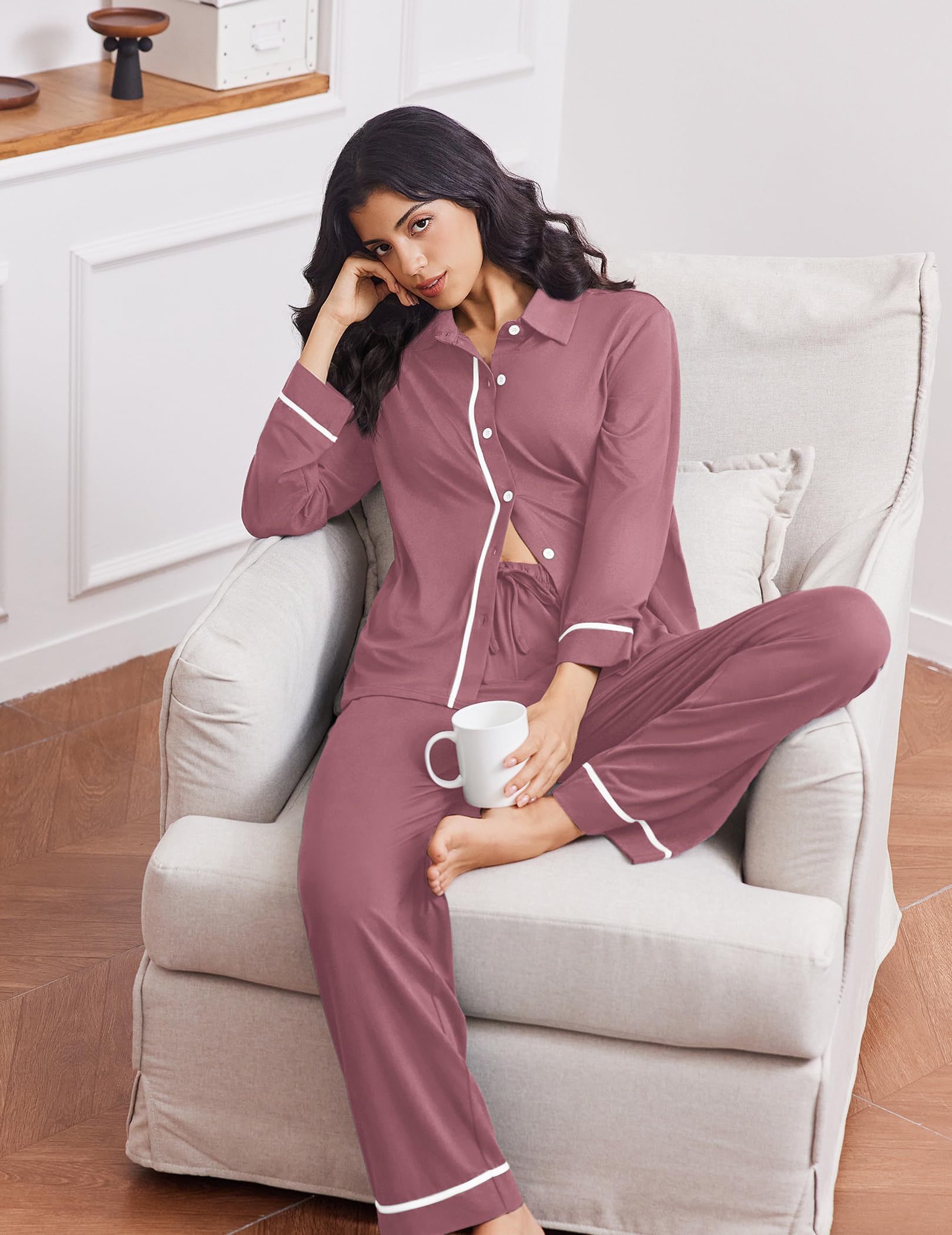 Ekouaer Womens Pajama Sets Long Sleeve Sleepwear Soft Button Down Pjs 2 Piece Loungewear witn Pants S-XXL
