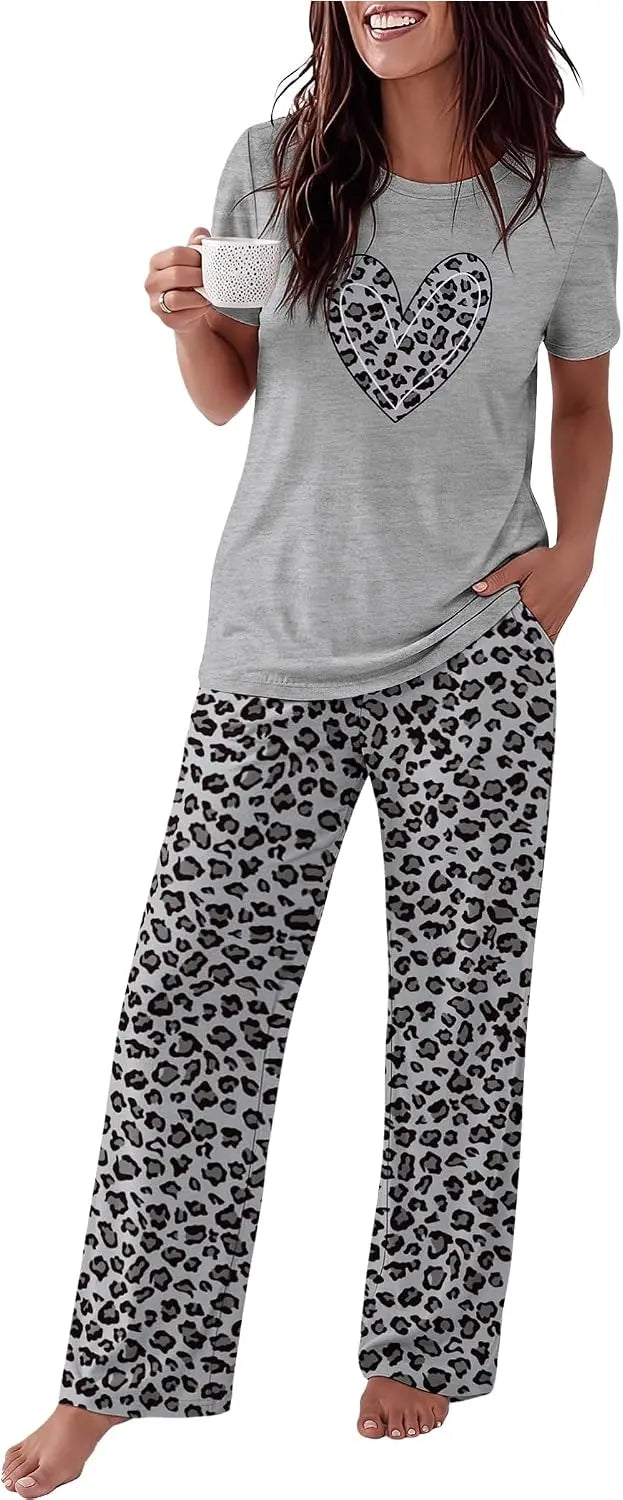 Ekouaer Pajama Set for Women 2 Piece Pjs Short Sleeve Top and Printed Pants | Womens Round Neck Lounge Sets Short Sleeve Sleepwear with Loose Pants for Daily Wear, Home Lounging, Casual Errands WEBE CLOTHING