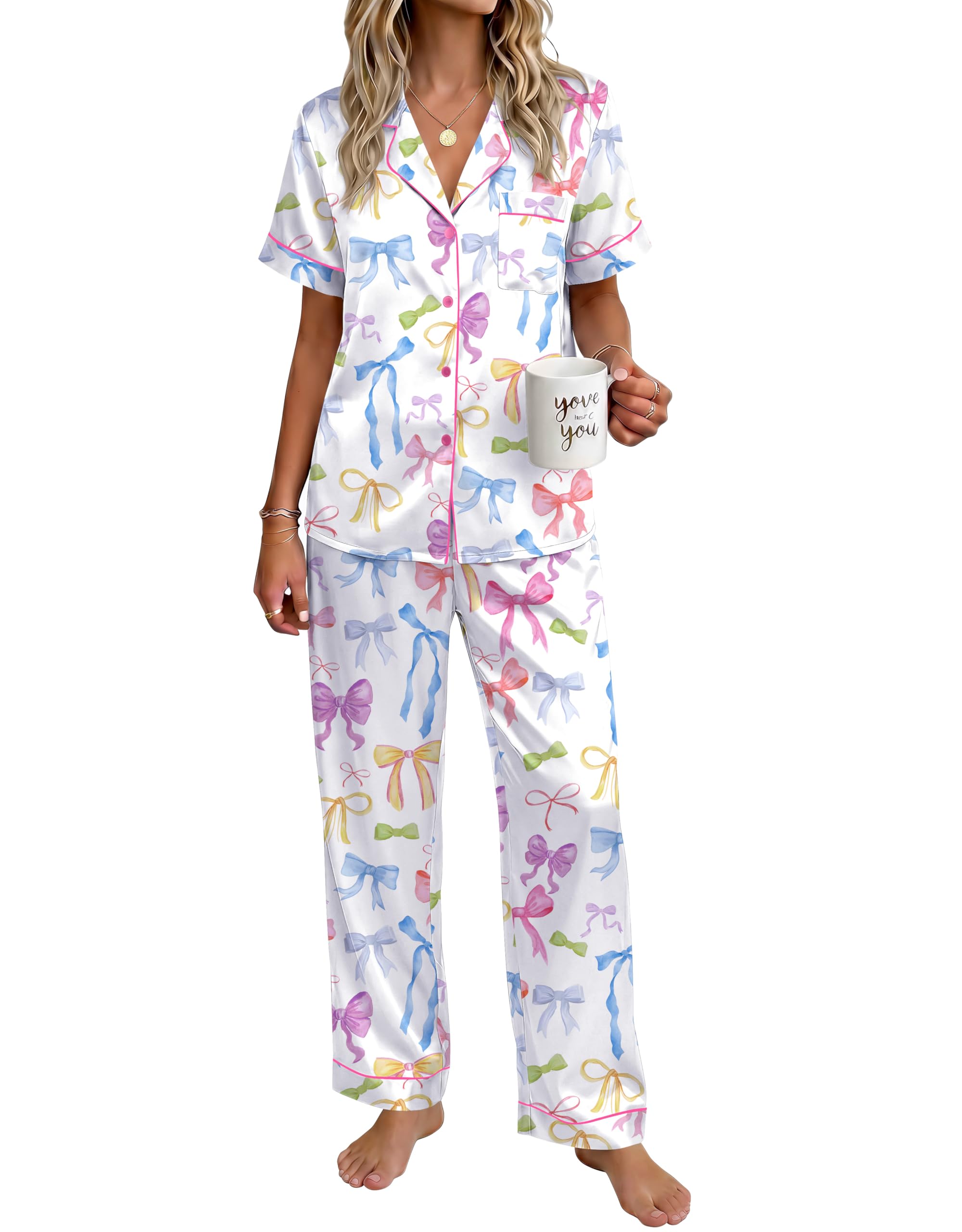 Ekouaer Womens Silky Satin Pajamas Set Short Sleeve Button Down Sleepwear 2 Piece Lounge Set Pj Set WEBE CLOTHING